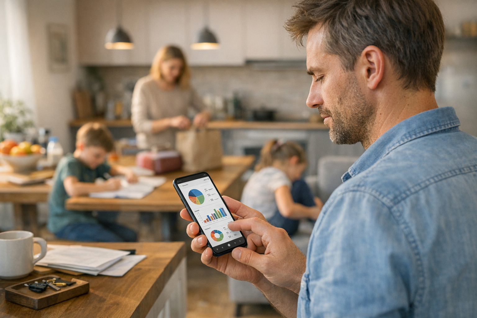 Realistyczna scena z życia codziennego: rodzic w domu przegląda na smartfonie da...