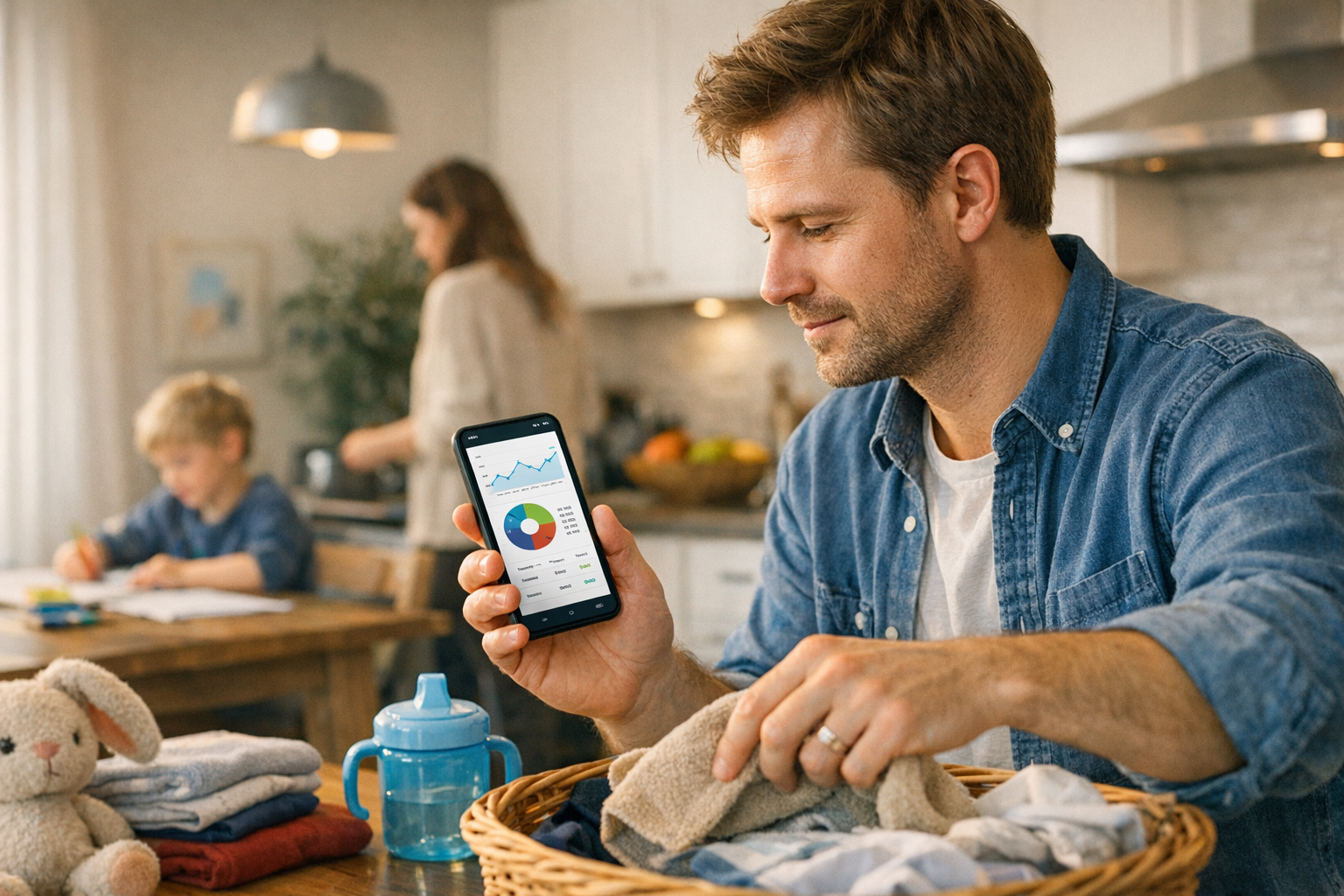 Реалистичная лайфстайл-сцена: родитель дома смотрит аналитику мобильного приложе...