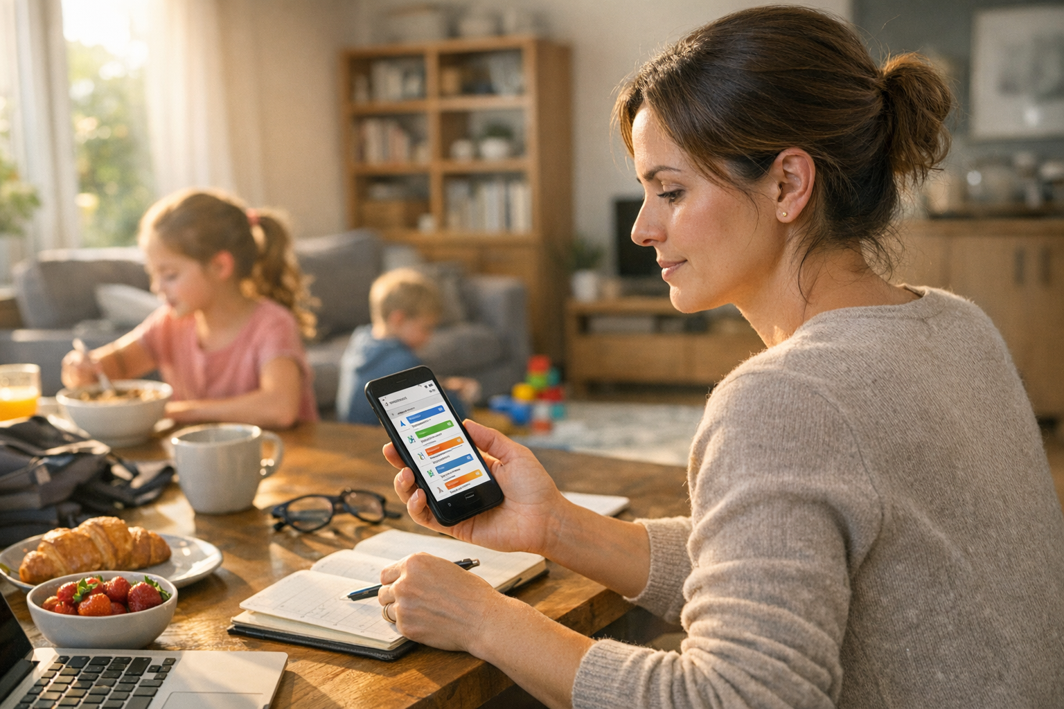 Escena realista de estilo de vida de un padre o una madre revisando información ...