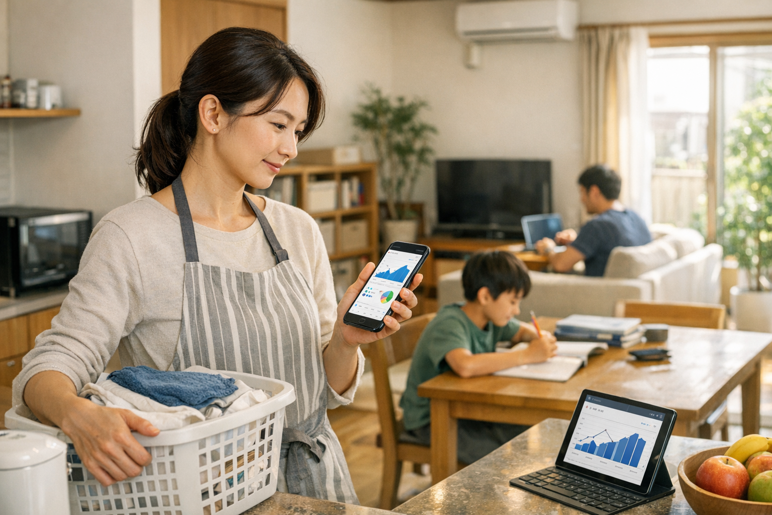家庭で日々の家族の用事をこなしながら、スマートフォンでアプリの分析情報を確認している保護者のリアルなライフスタイルシーン。暖かい自然光、現代的な室内、日本の家庭...