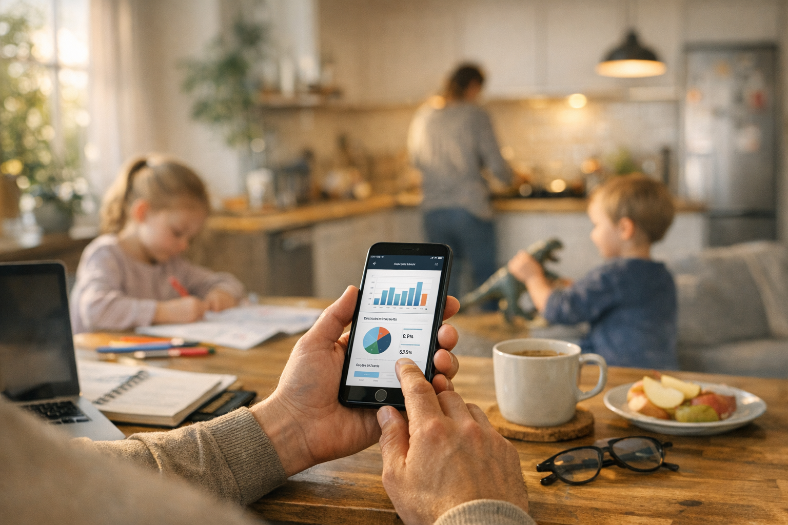 Realistisk vardagsscen där en förälder hemma granskar insikter från en mobilapp ...