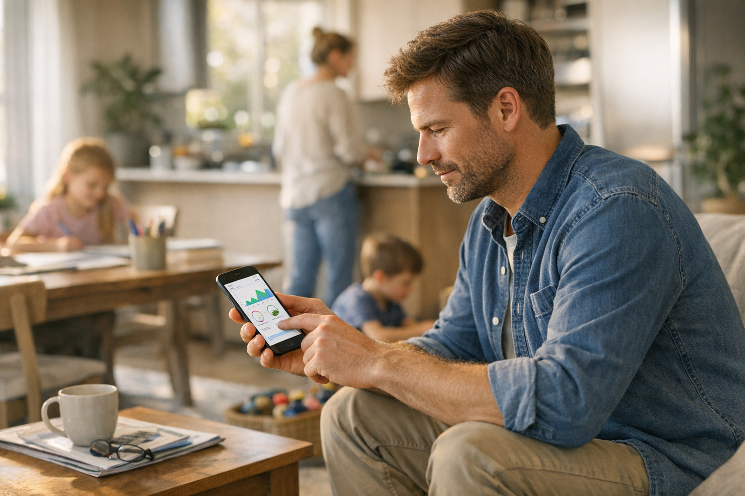 Realistisk livsstilsscene af en forælder, der gennemgår indsigt fra en mobilapp ...