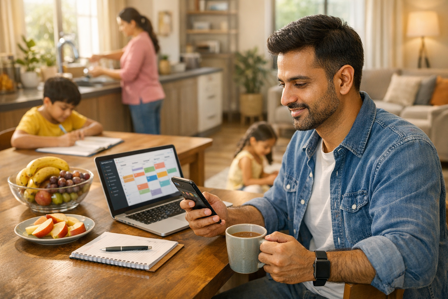 घर के माहौल में एक अभिभावक स्मार्टफोन पर मोबाइल ऐप की जानकारी देखते हुए रोज़मर्र...