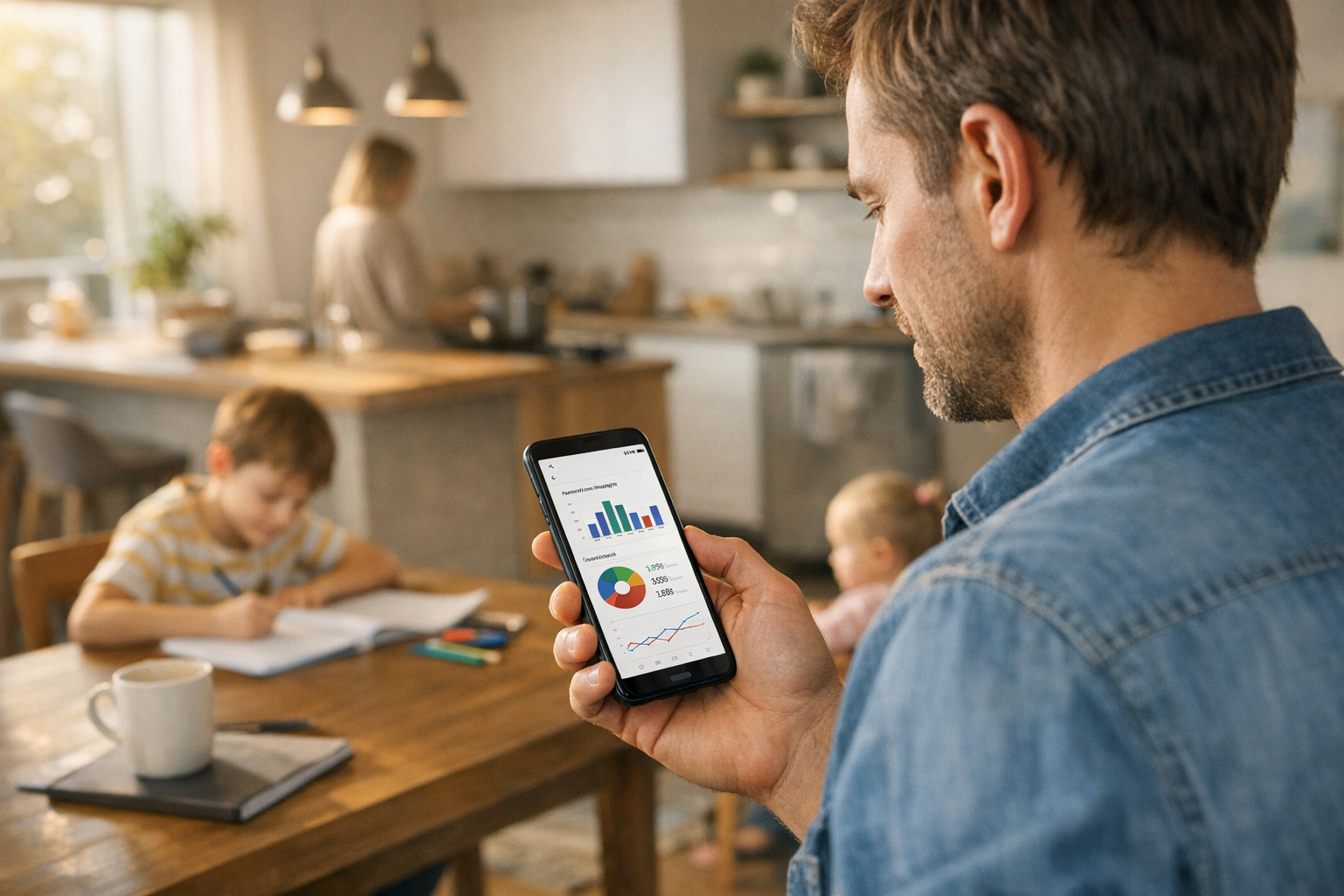 Scena di vita quotidiana realistica con un genitore che consulta insight di un’a...