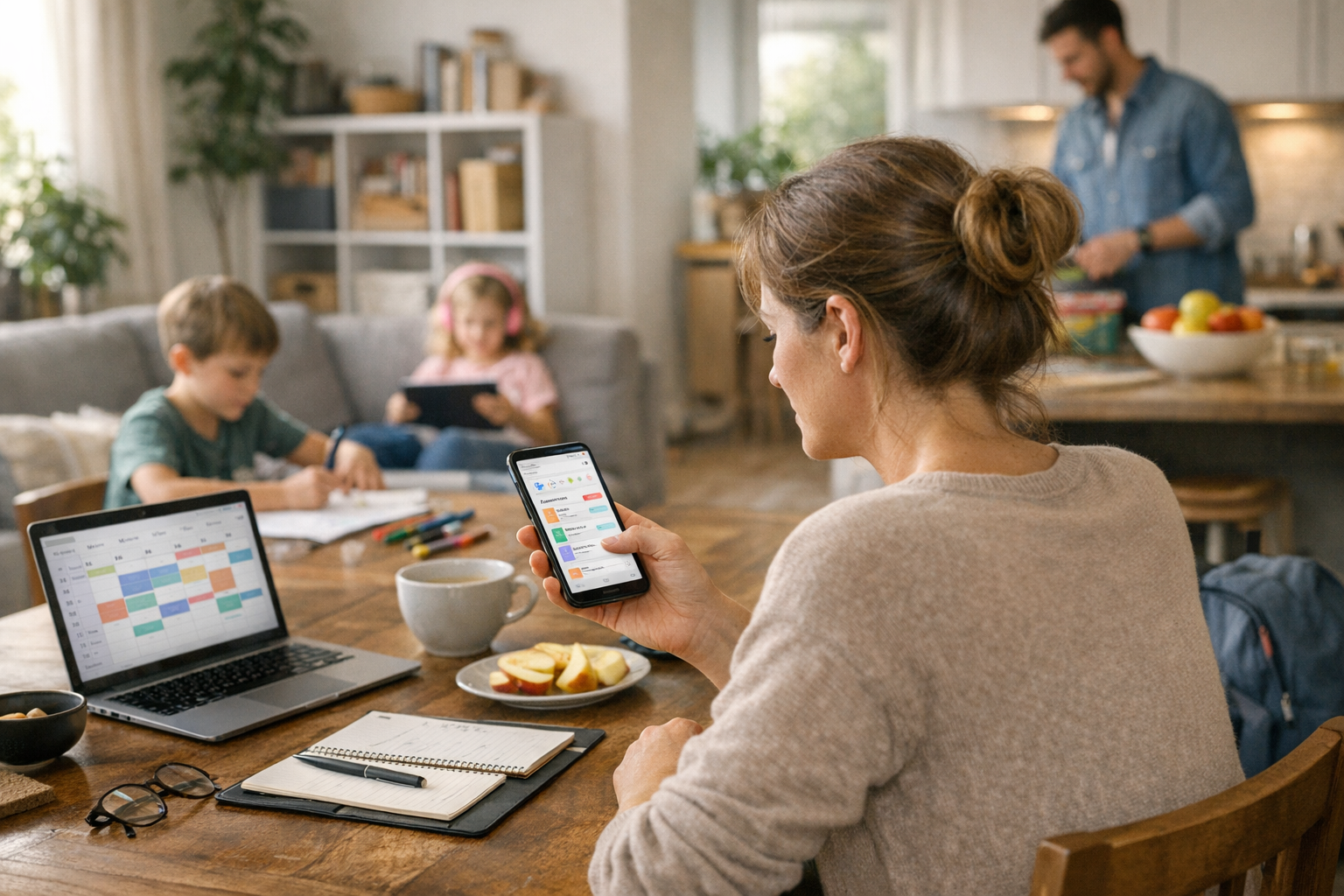 Realistische Alltagsszene eines Elternteils zu Hause, das Einblicke aus einer mo...