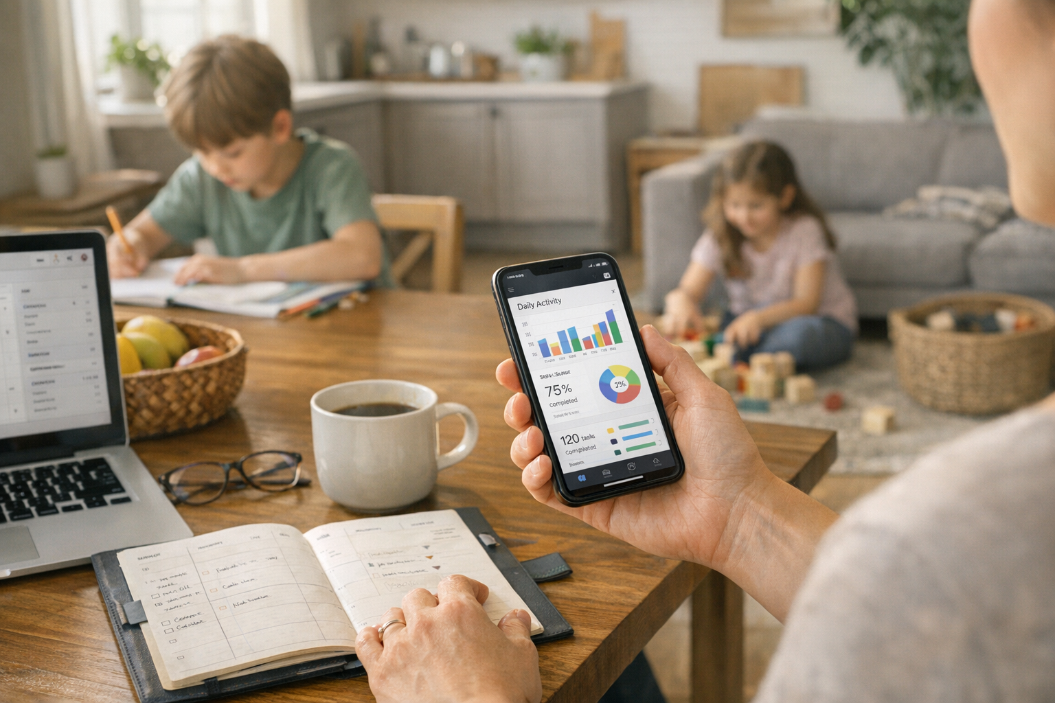 부모가 집에서 일상적인 가족 루틴을 관리하면서 스마트폰으로 모바일 앱 인사이트를 확인하는 현실적인 라이프스타일 장면, 따뜻한 자연광, 현대적인 ...