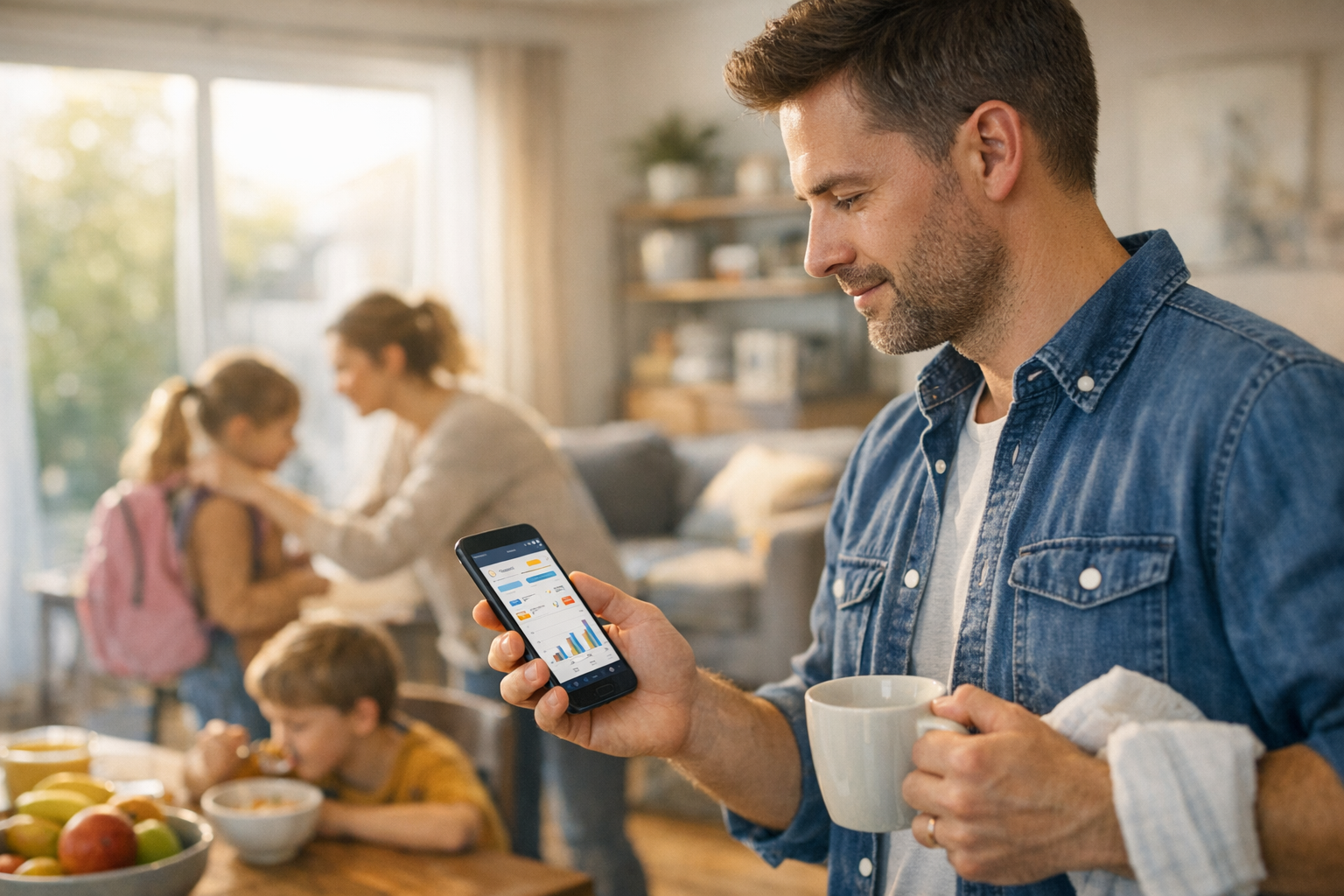 Scène de vie réaliste montrant un parent consultant sur son smartphone les infor...