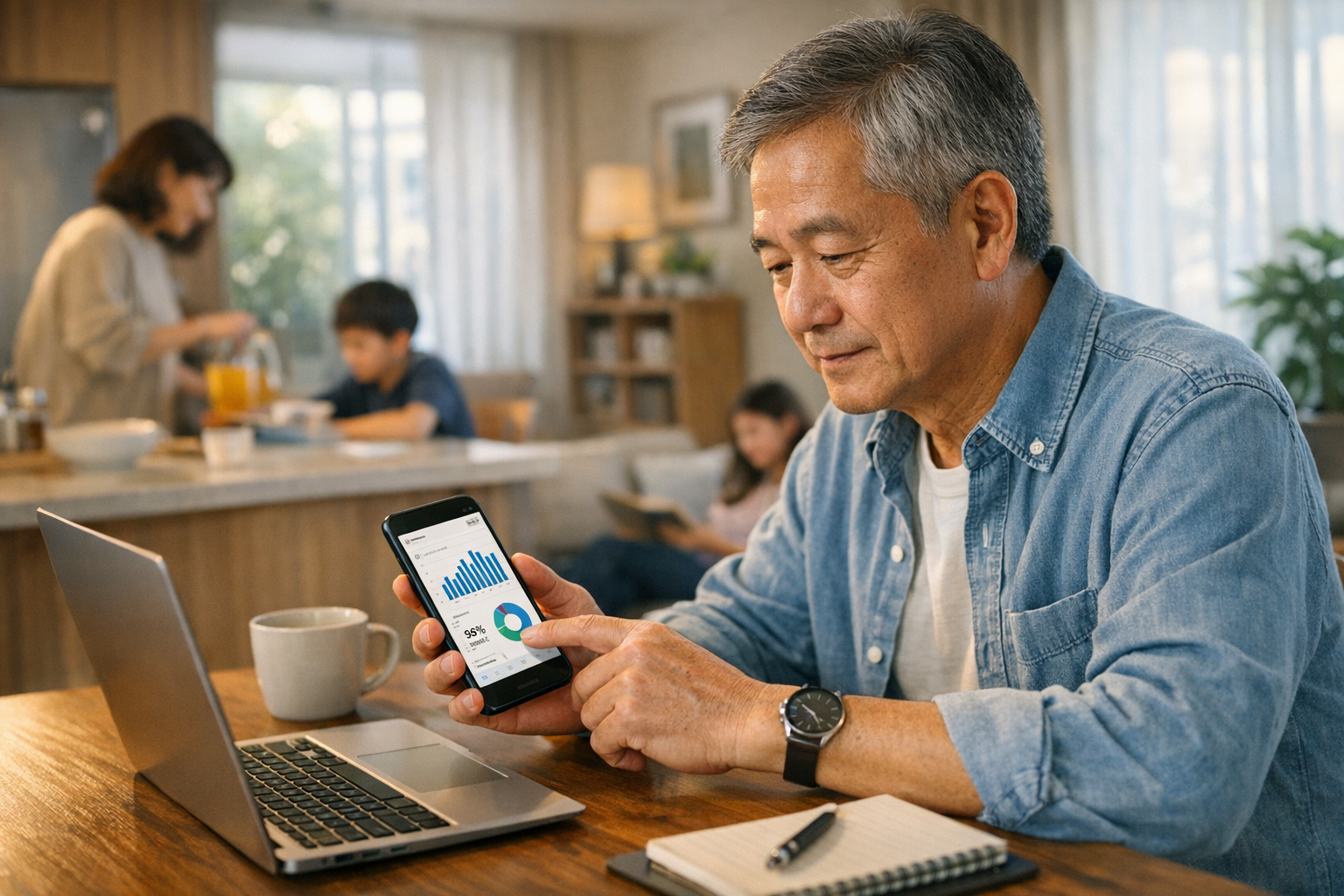 Adegan gaya hidup realistis seorang orang tua sedang meninjau insight aplikasi m...