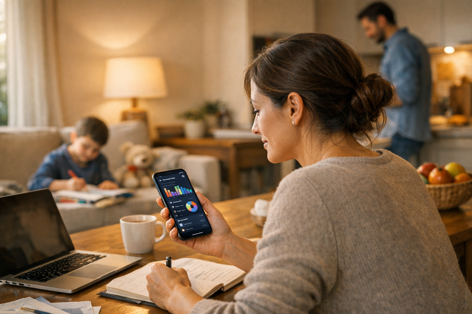 真实生活方式场景:家长在家中通过智能手机查看应用洞察信息,同时处理日常家庭事务,暖色自然光,现代家庭室内环境,构图平衡且专业,突出科技在实际生活中的应用,无文字...