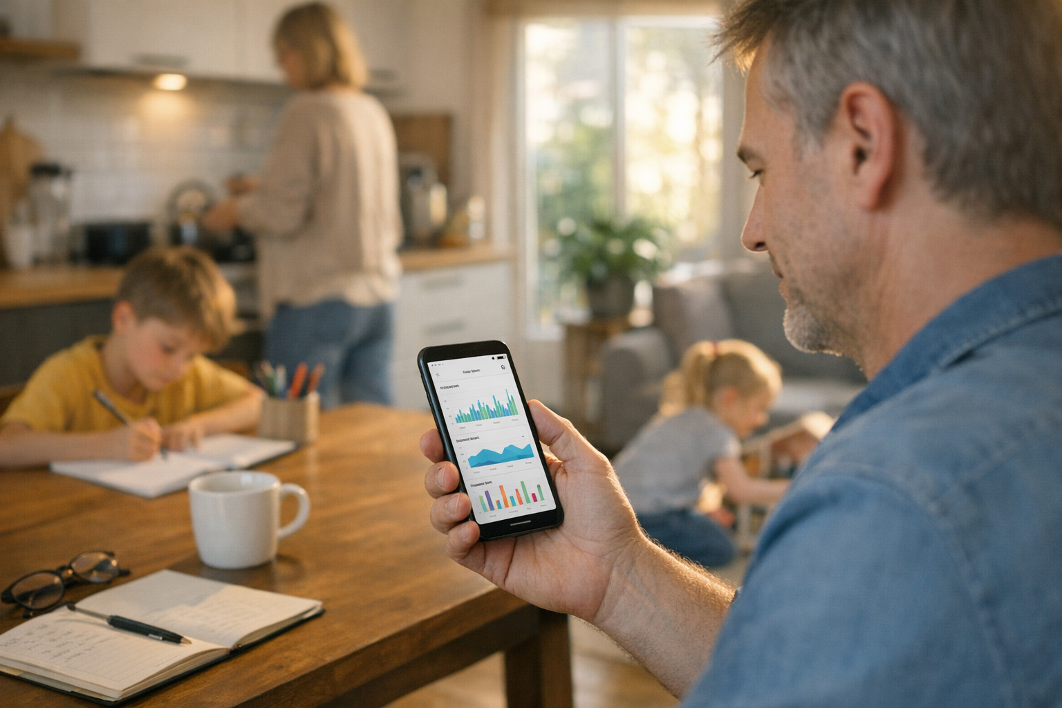 Realistische lifestyle-scène van een ouder die thuis inzichten uit een mobiele a...