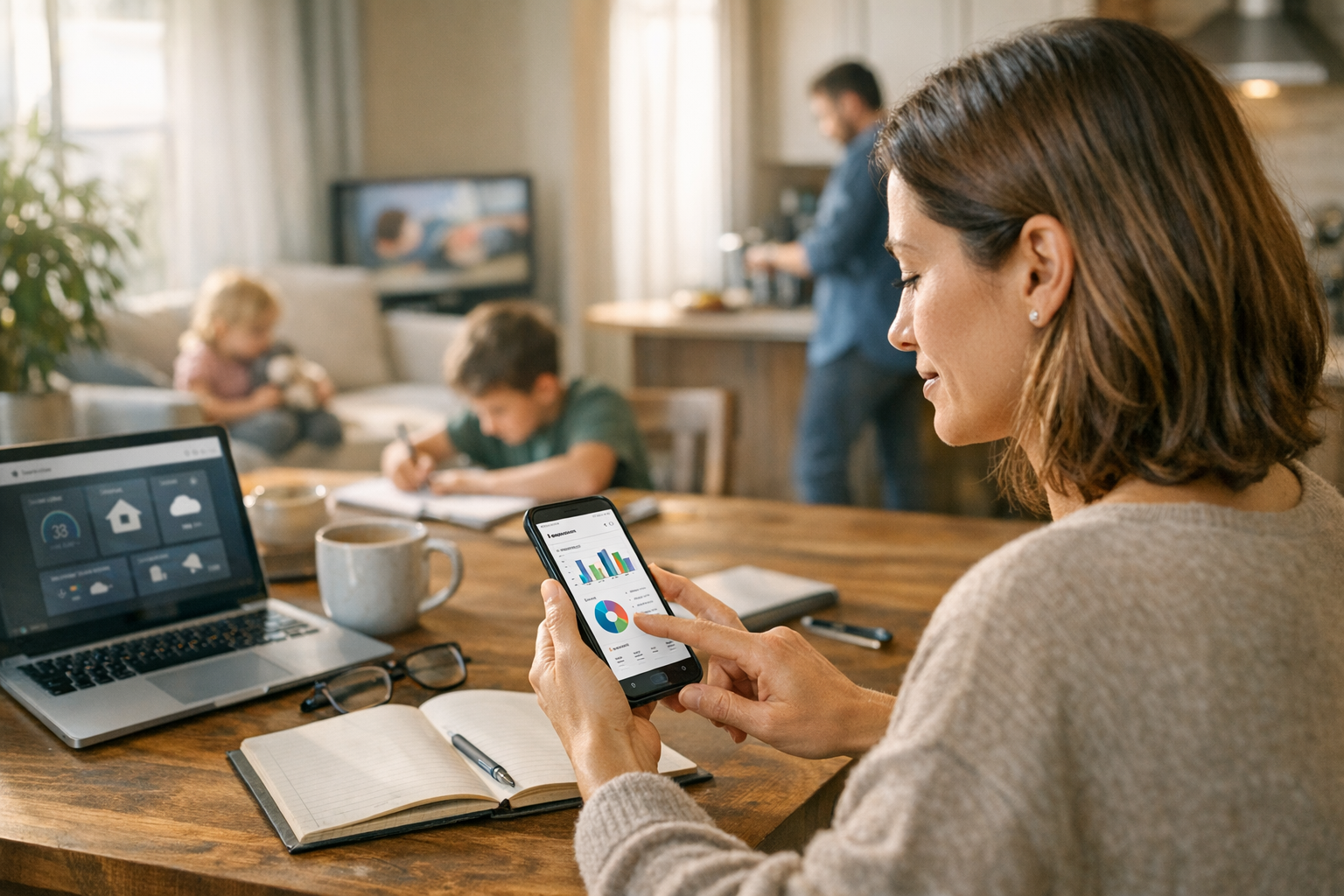 Gerçekçi yaşam tarzı sahnesi; ev ortamında günlük aile rutinlerini yönetirken ak...