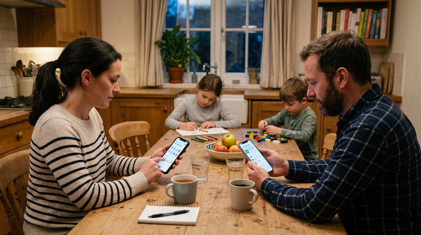 घर के माहौल में परिवार-केंद्रित मोबाइल उपयोग का यथार्थवादी दृश्य, जहाँ वयस्क ऐप जानकारी देख रहे हैं...