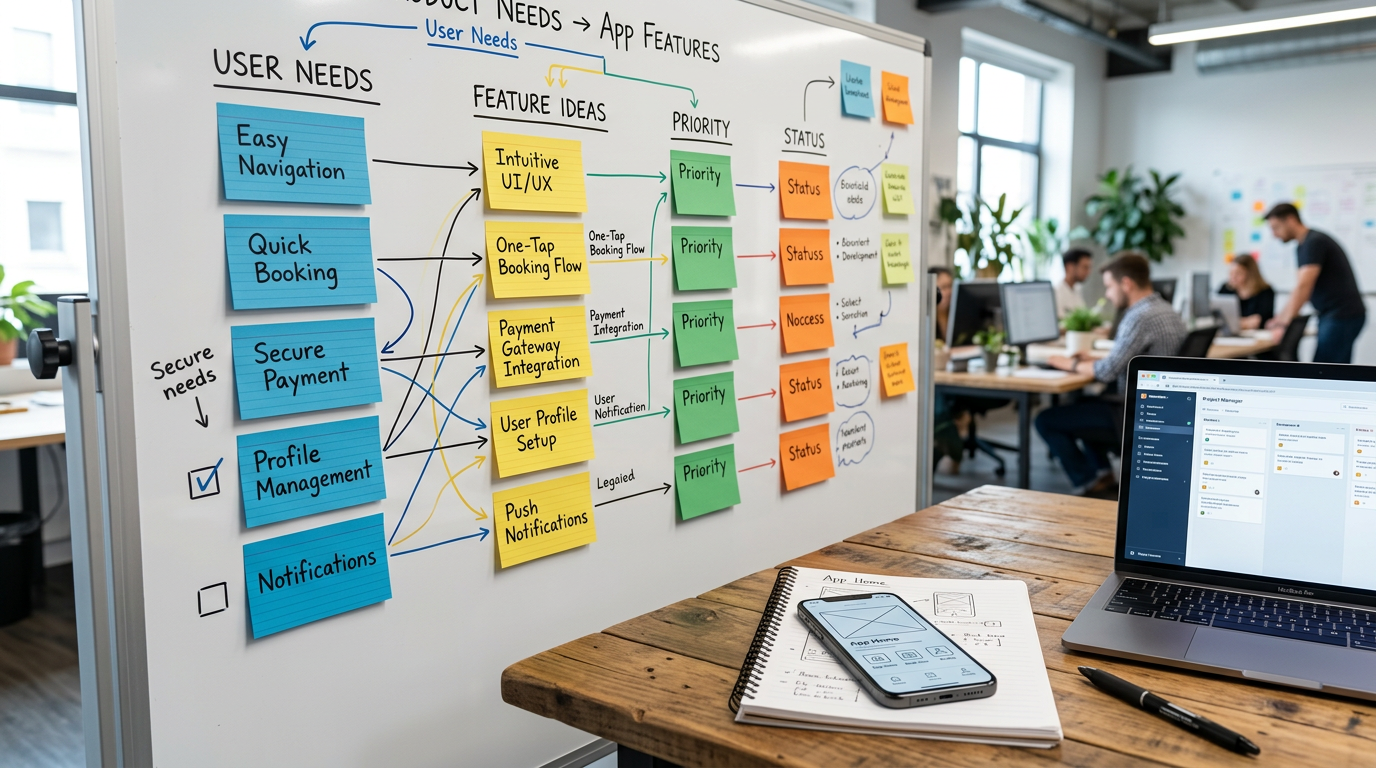 रंग-कोडेड कार्ड्स के साथ उपयोगकर्ता ज़रूरतों को ऐप फीचर्स से जोड़ता हुआ एक यथार्थवादी प्रोडक्ट प्लानिंग बोर्ड...