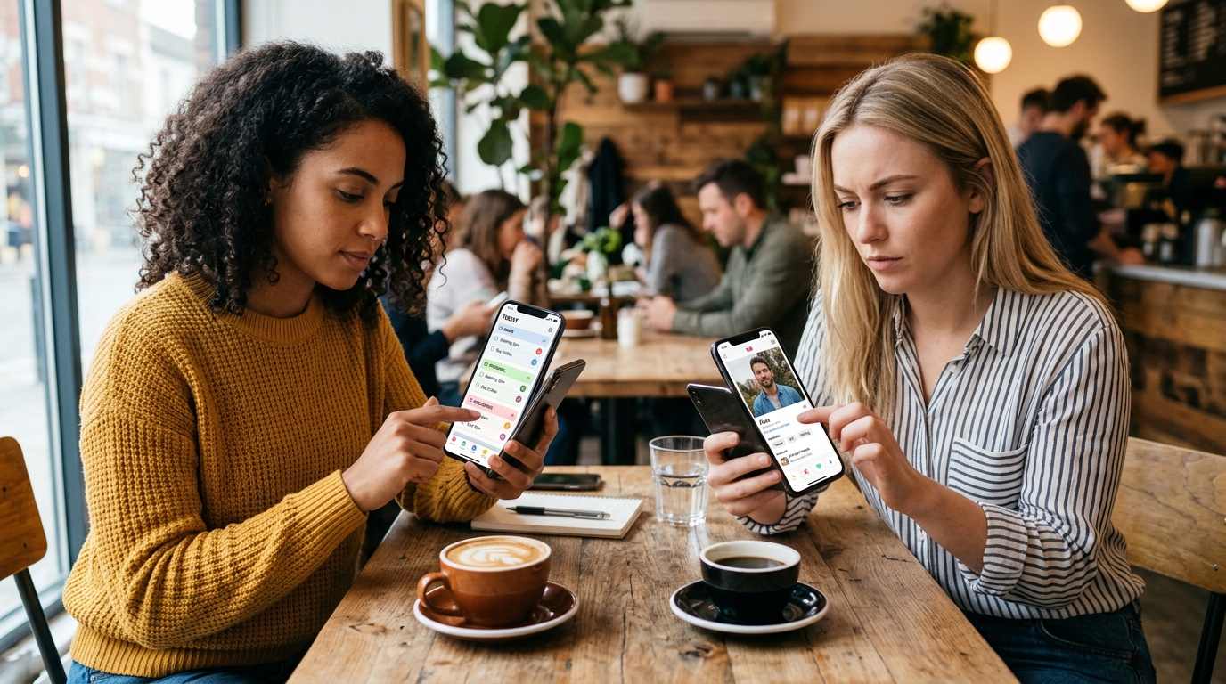 Immagine lifestyle moderna con due diversi usi dello smartphone nella stessa scena: una persona...