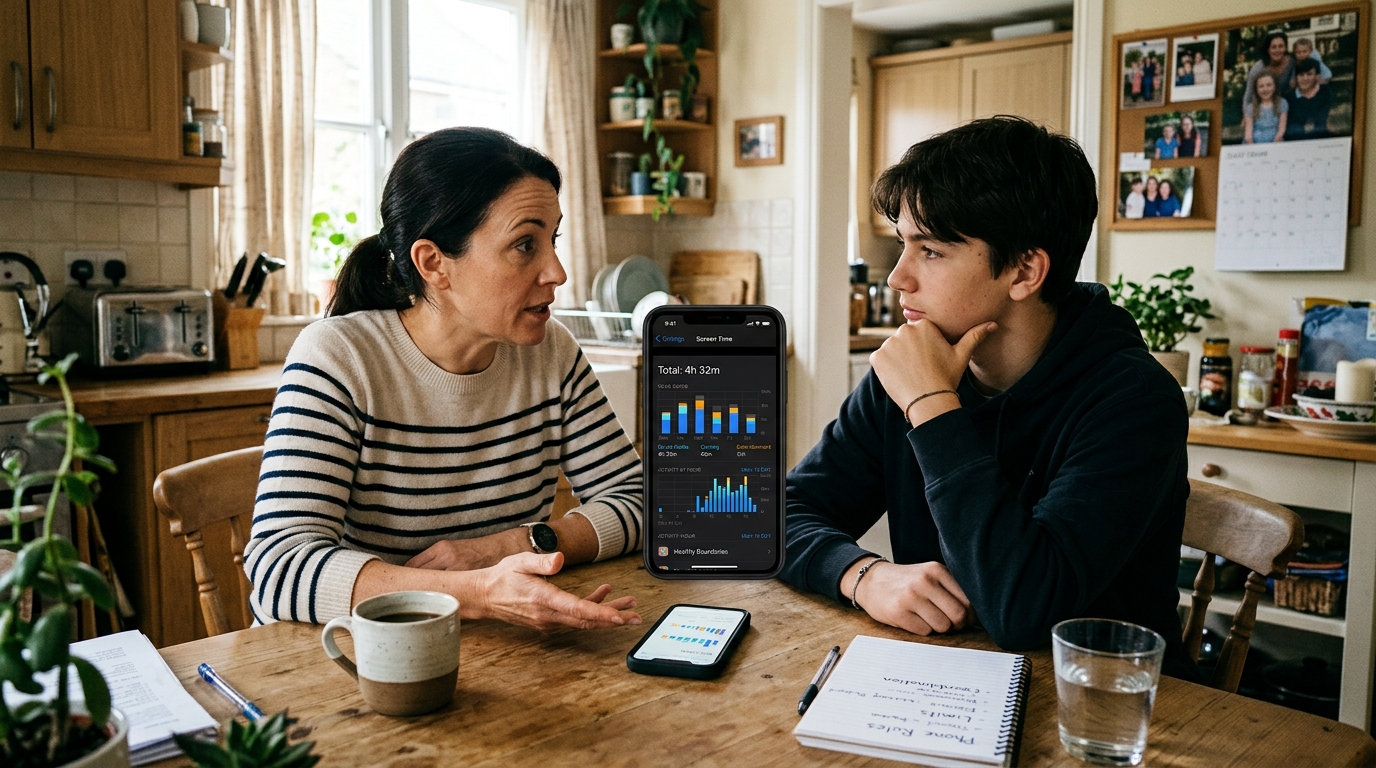 Scena comparativa realistica a un tavolo da cucina con un genitore e un adolescente che discutono dell’uso del telefono...