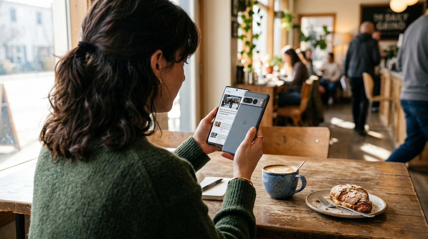 מבט מקרוב מעבר לכתף של אדם המשתמש בסמארטפון בשולחן בית קפה מואר היטב.