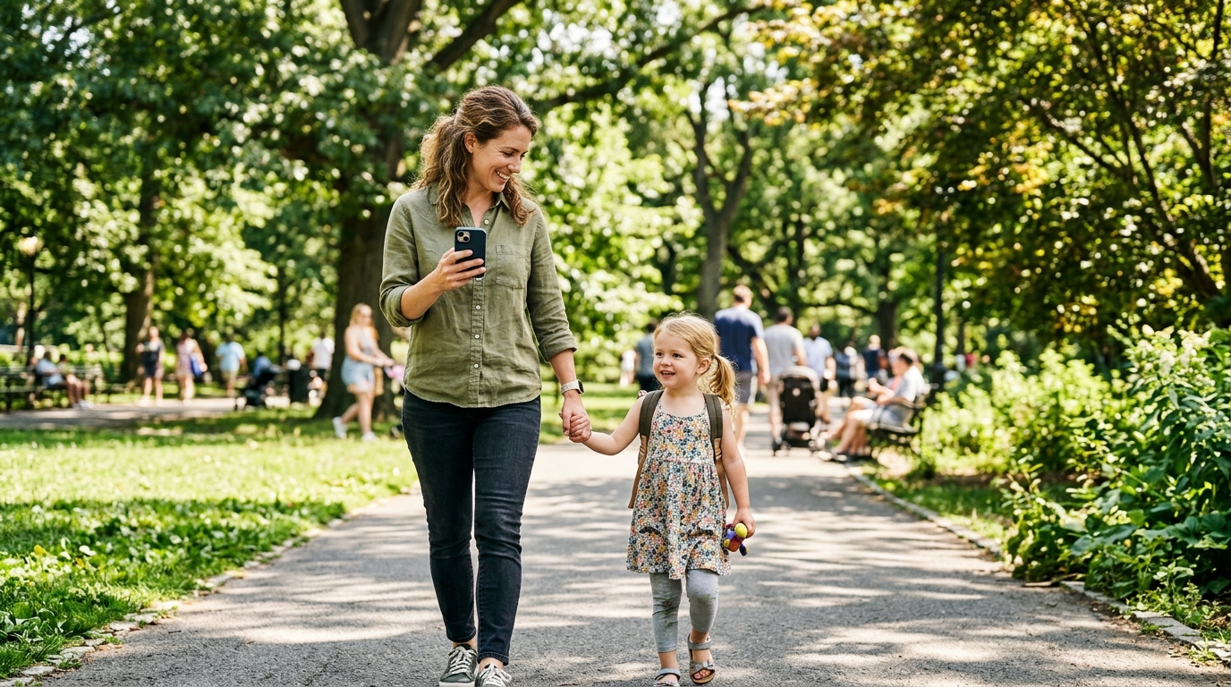 הורה מנהל משימות יומיומיות בסמארטפון תוך כדי טיפול בילד קטן.