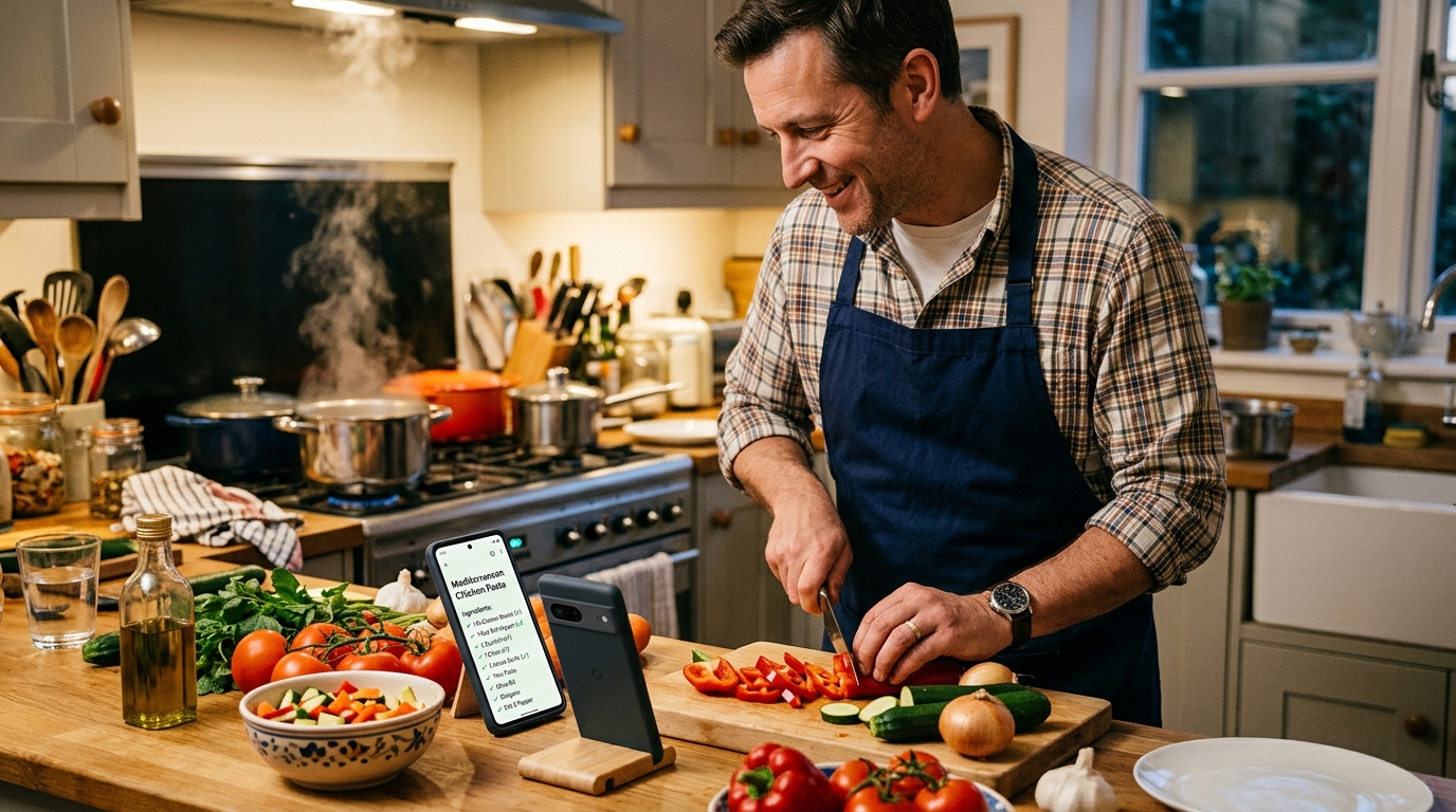 En livlig köksscen där en pappa förbereder en måltid medan han kastar en blick på en smartphone...