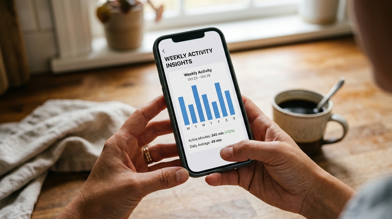 Närbild på en förälders händer som håller en smartphone och visar en ren, minimalistisk datavy...