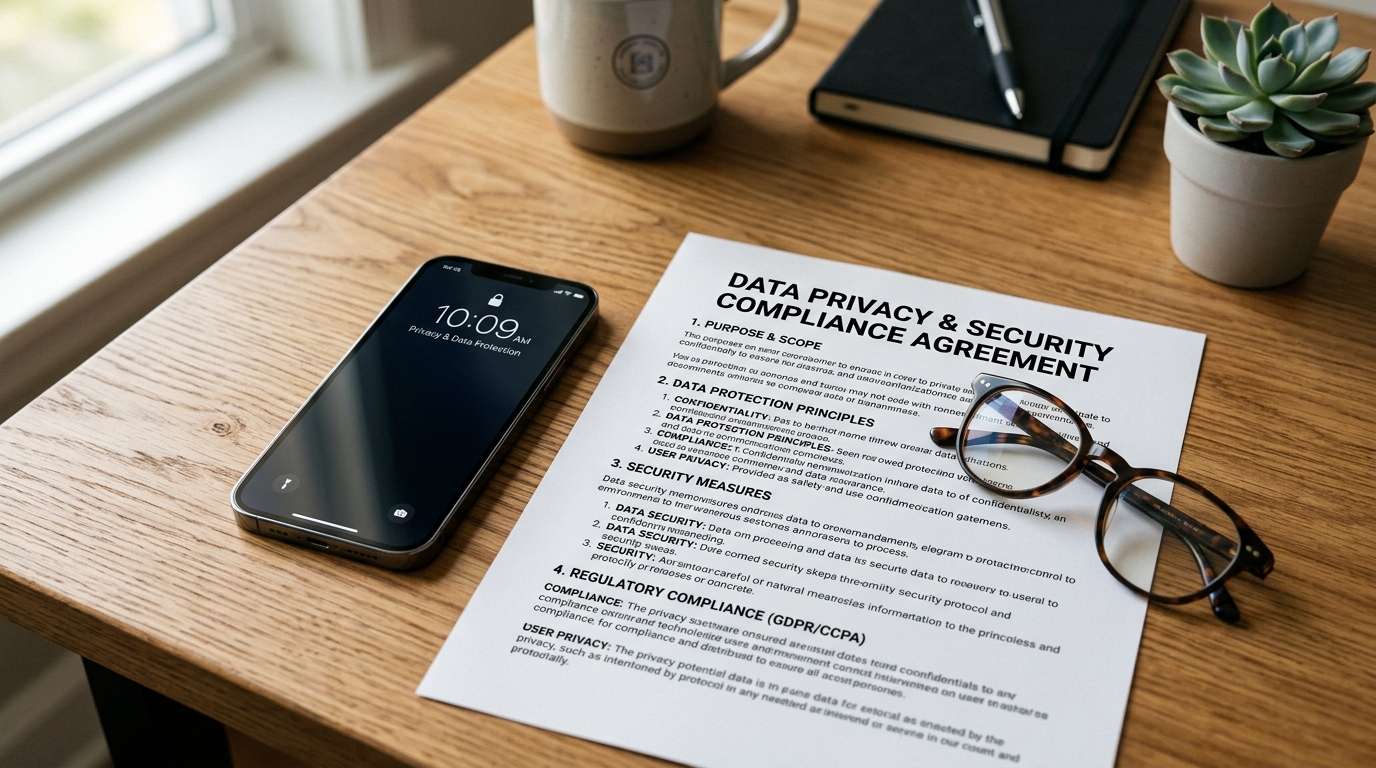 En konceptuell scen från en arbetsplats som visar en modern smartphone liggande med skärmen uppåt...