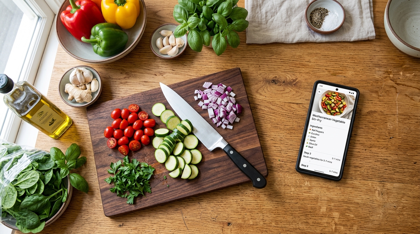 Komposisi flat lay di atas meja dapur kayu yang menunjukkan bahan-bahan persiapan makanan dan perangkat seluler