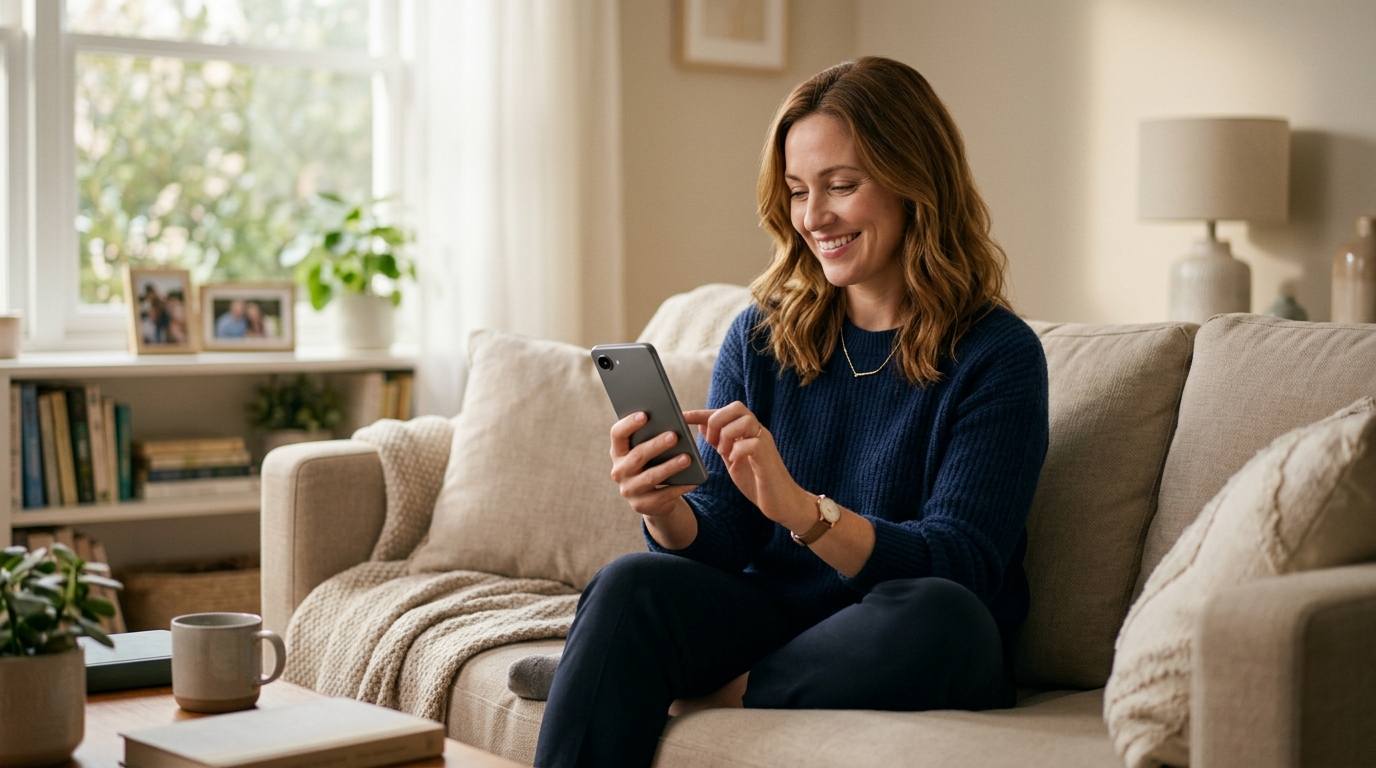 Seorang wanita profesional berusia pertengahan 30-an duduk di sofa modern yang nyaman, menatap ponsel pintarnya dengan penuh pemikiran