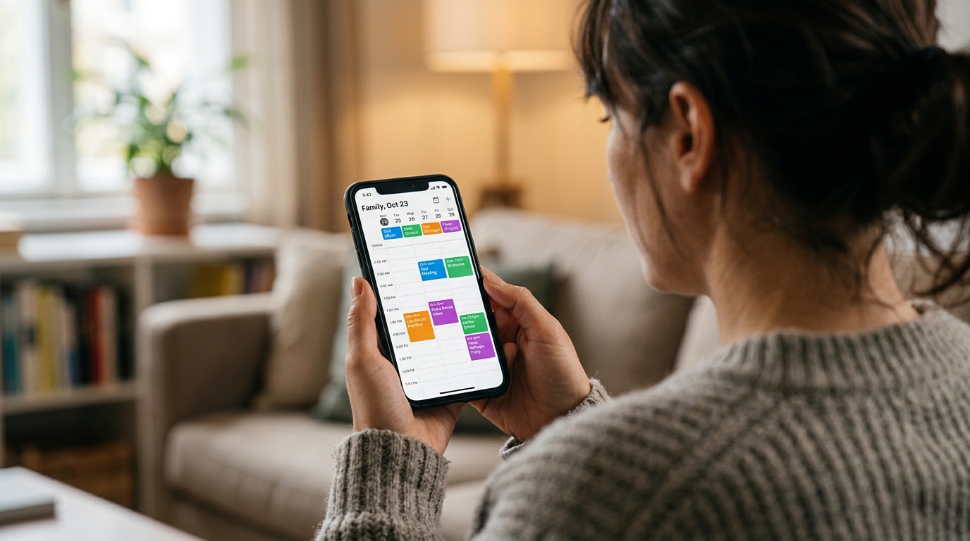 תקריב מעבר לכתף של אדם מחזיק סמארטפון. המסך מציג לוח זמנים משפחתי צבעוני...