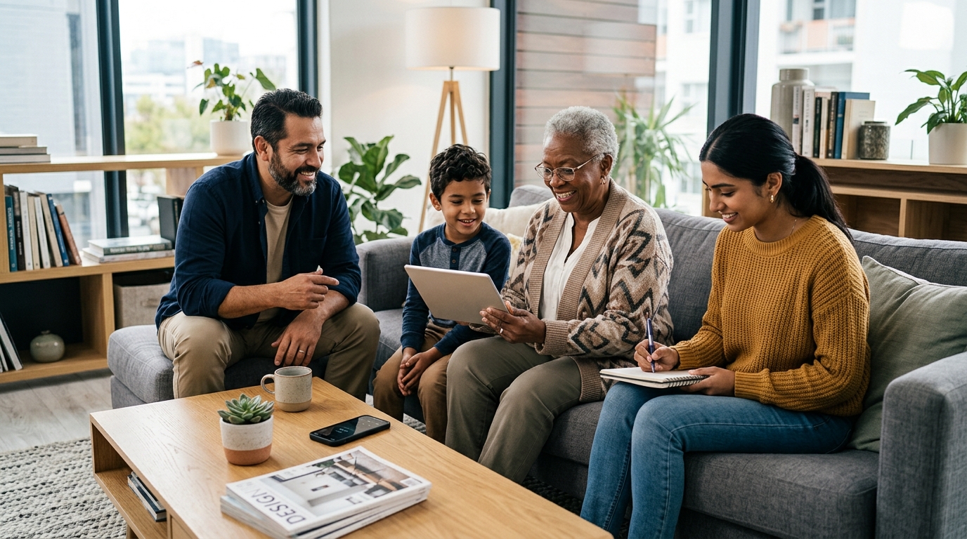 A high-quality editorial photo of diverse family members interacting in a modern...