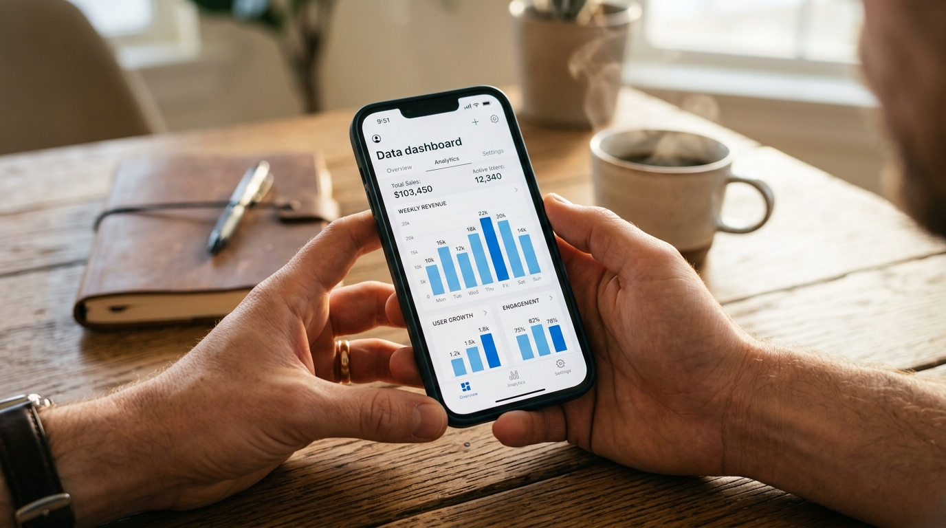 Et nærbillede af hænder, der holder en smartphone, som viser et rent, minimalistisk datadashboard