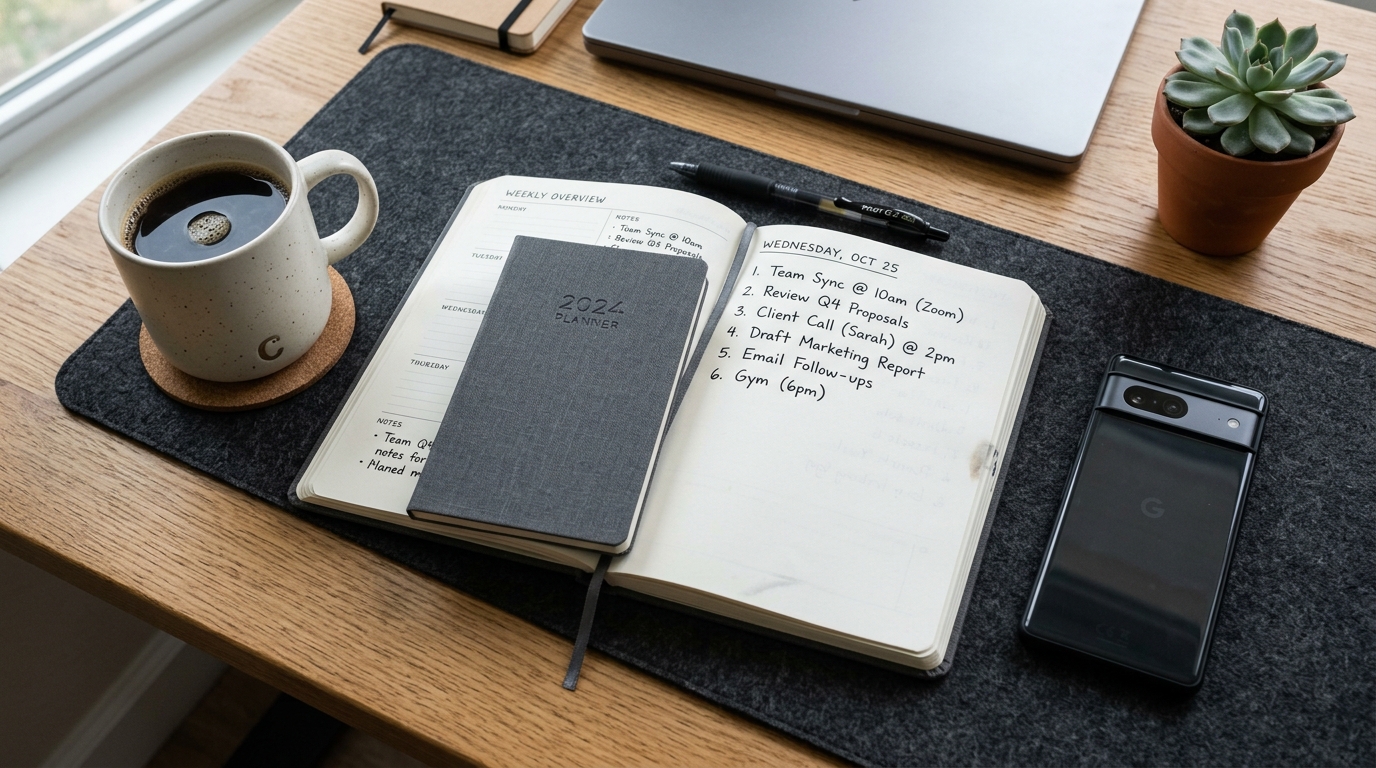 En set-ovenfra visning af en moderne skrivebordsopstilling med en åben fysisk kalender og en smartphone