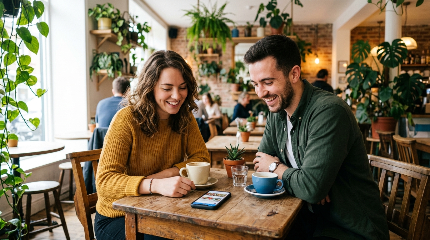 Two young adults sitting at a casual cafe table, smiling as they look at a smartphone