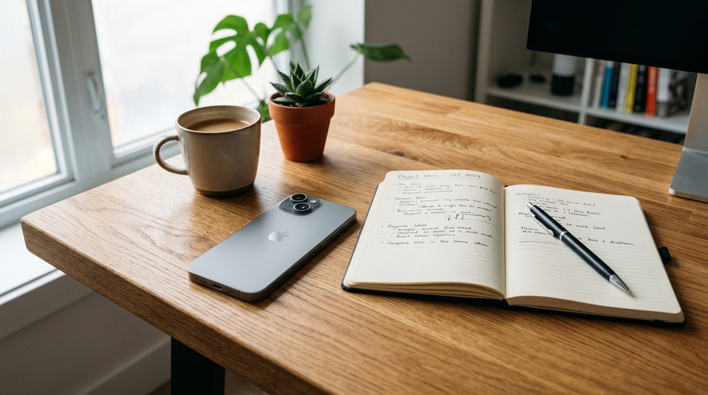 En ren, modern arbetsyta med en snygg smartphone som vilar på ett skrivbord i trä bredvid en anteckningsbok