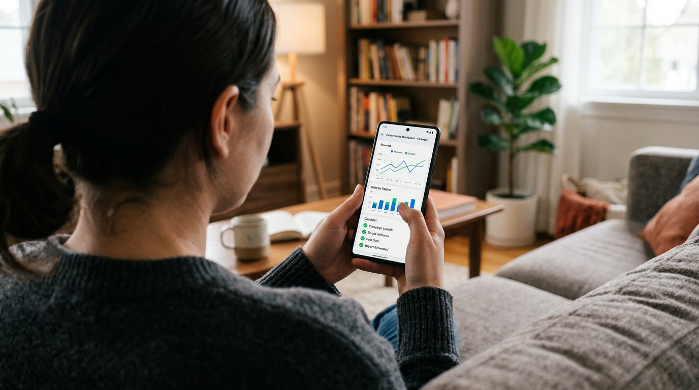 En närbild över axeln på en person som håller en modern smartphone i en hemmiljö
