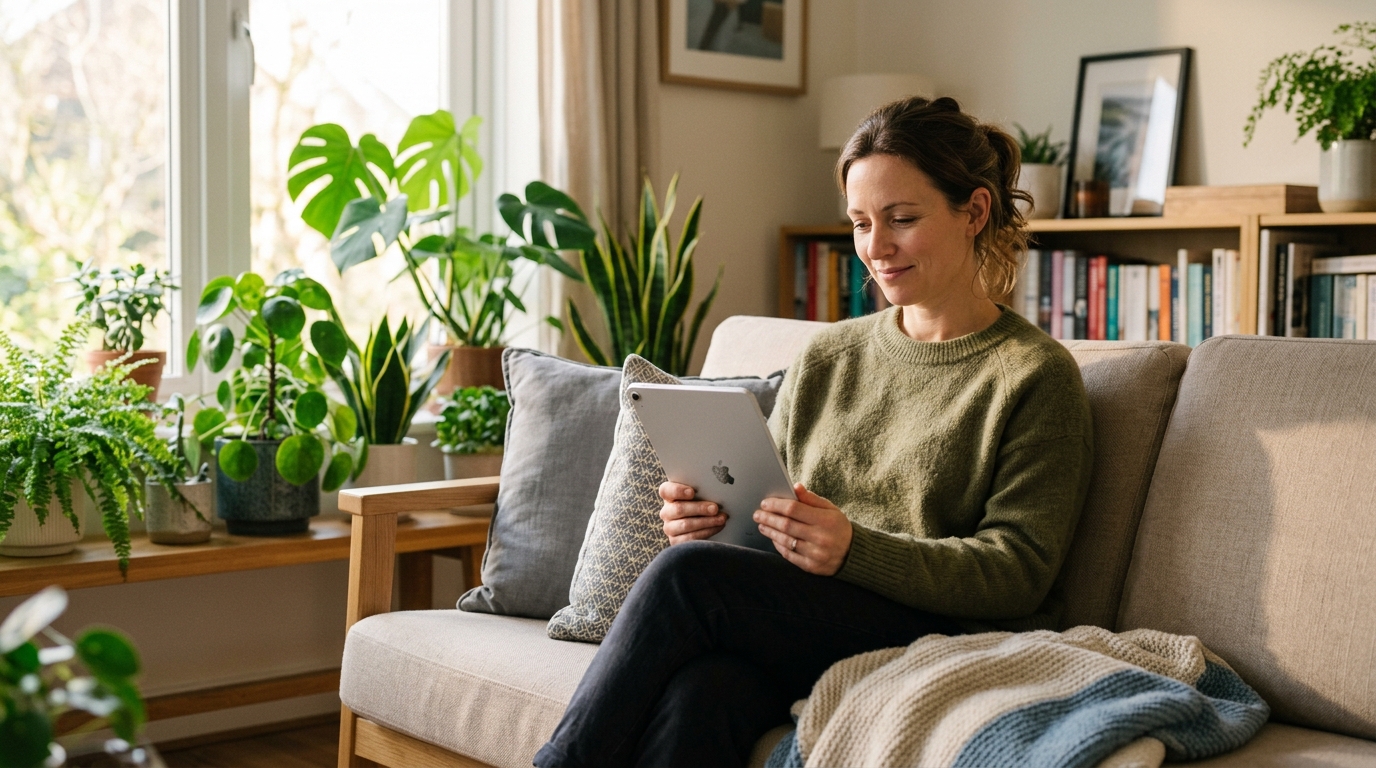 הורה מותש אך רגוע יושב על ספה מודרנית ונוחה, מסתכל בטלפון שלו לצורך הרפיה אישית.