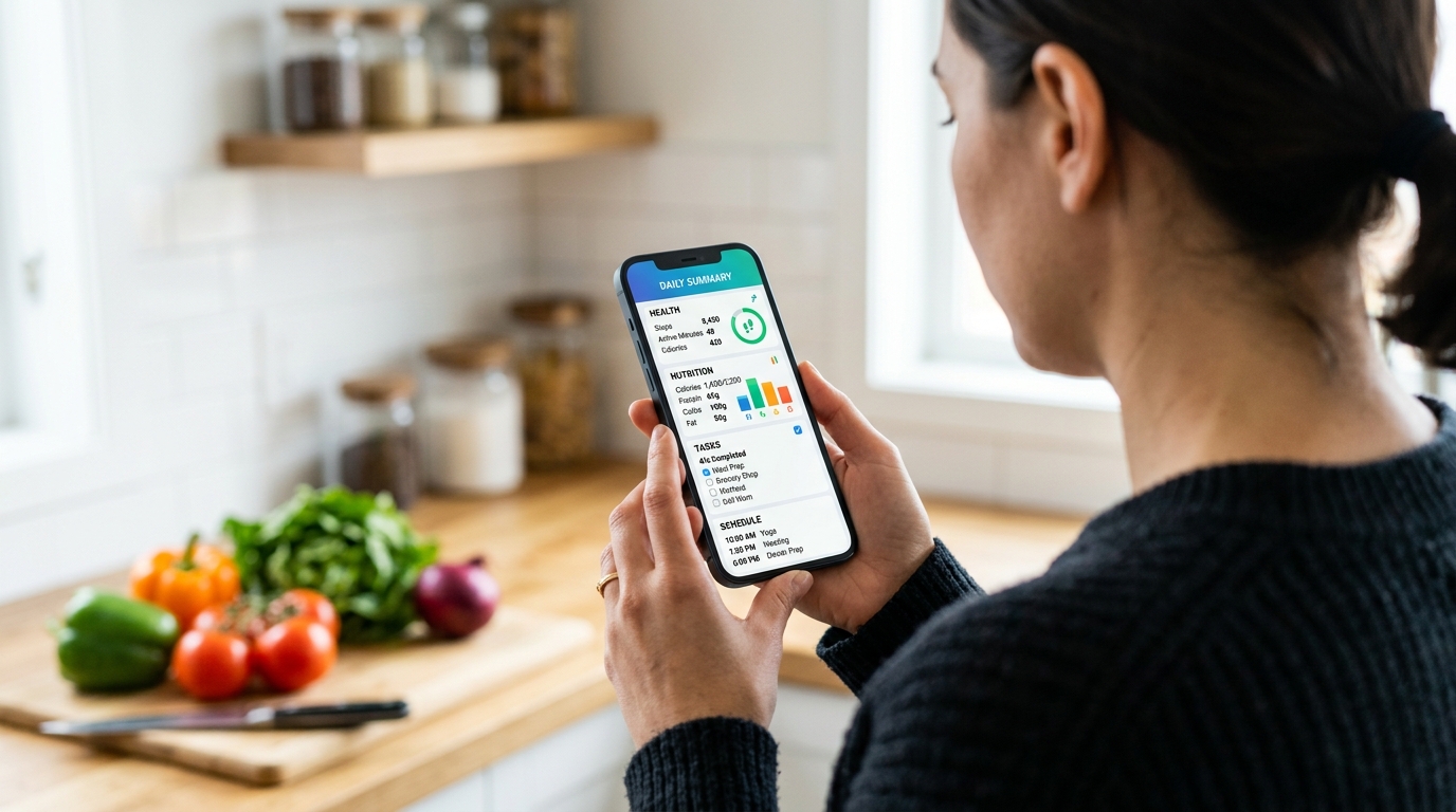 צילום מקרוב מעבר לכתף של אדם האוחז בסמארטפון מודרני ובודק התראות באפליקציה.