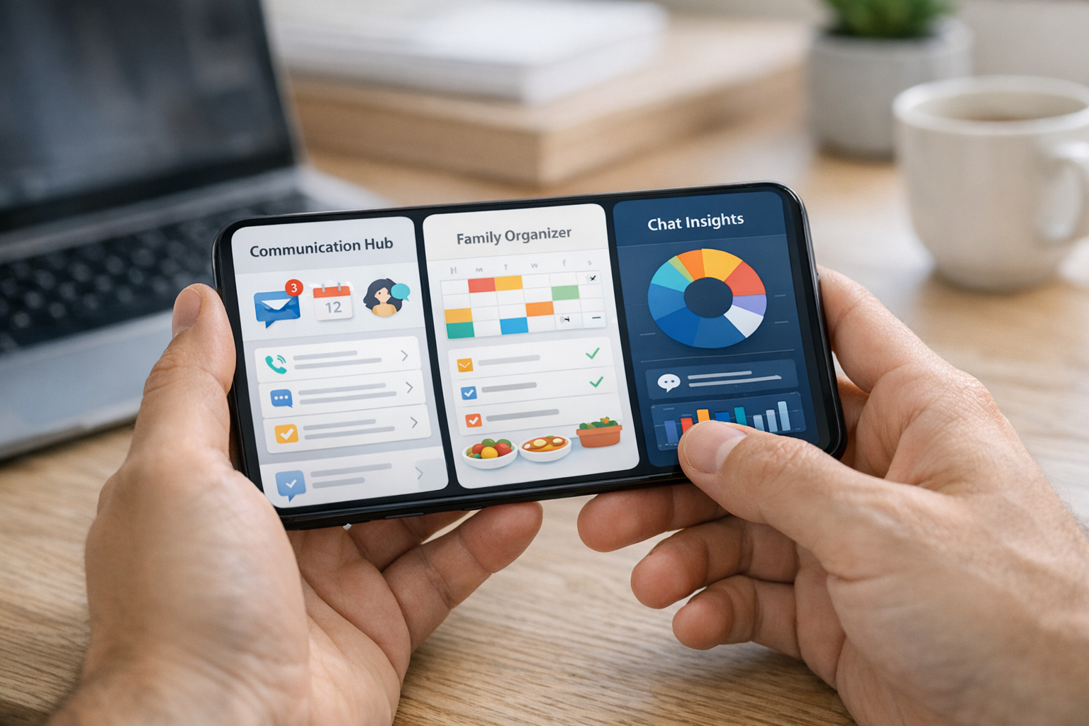 Realistisk nærbillede af hænder, der bruger en smartphone med rene app-interface-mockups ...
