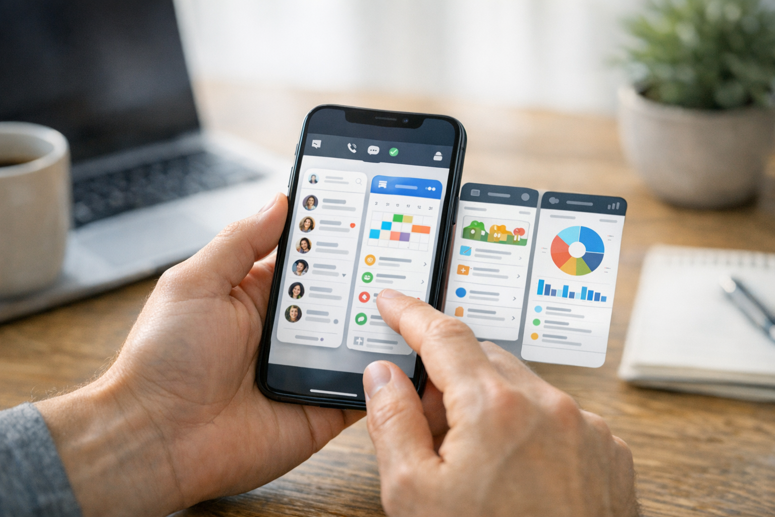 لقطة واقعية مقرّبة لأيدٍ تستخدم هاتفًا ذكيًا مع نماذج واجهات تطبيقات نظيفة تمثل ...