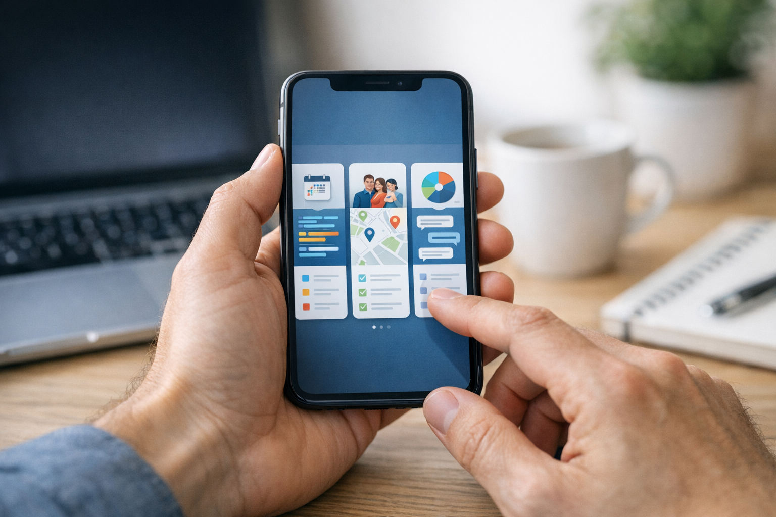 Realistische Nahaufnahme von Händen, die ein Smartphone mit klaren App-Interface...