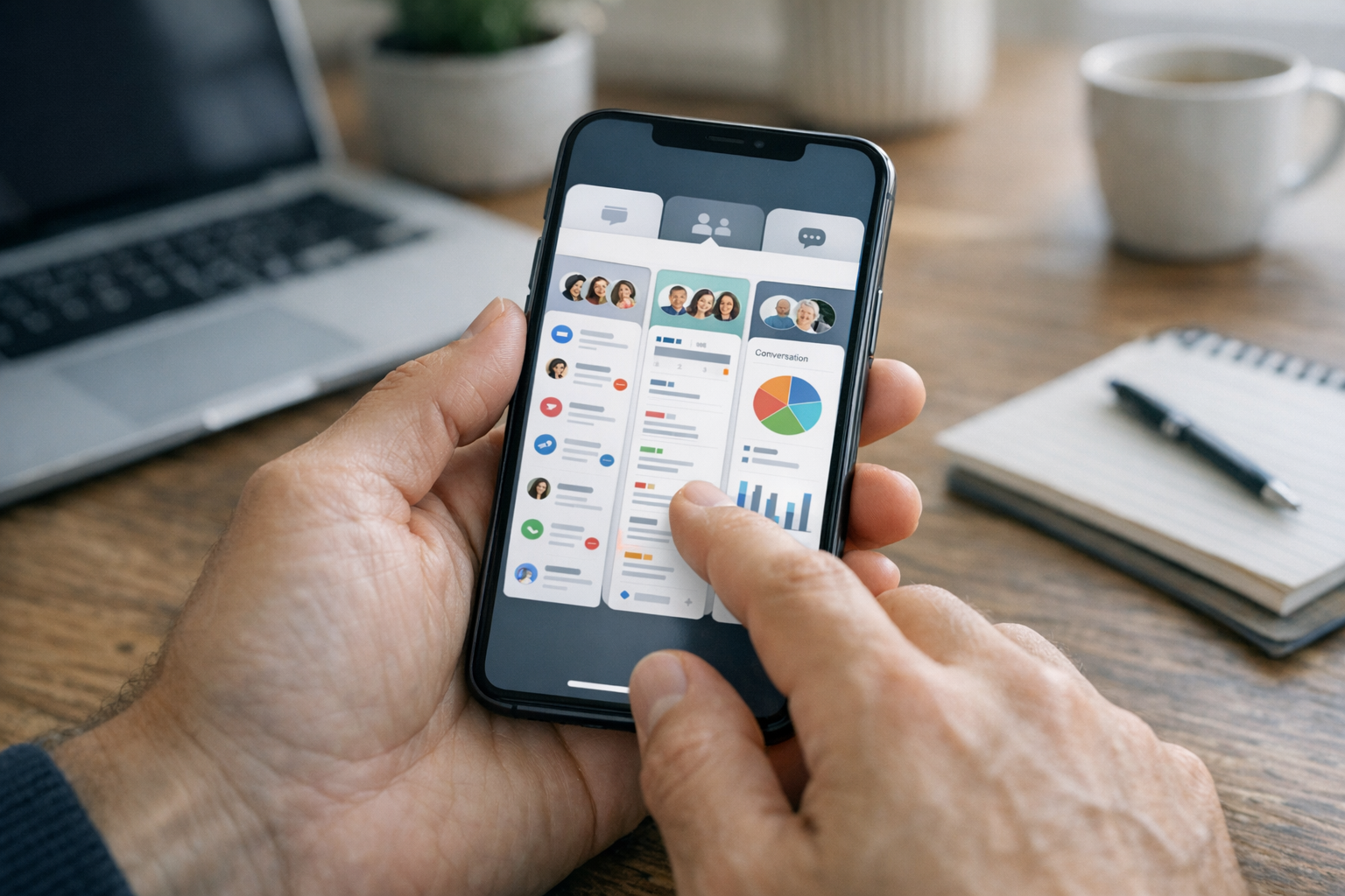 Gros plan réaliste de mains utilisant un smartphone avec des maquettes d’interfa...