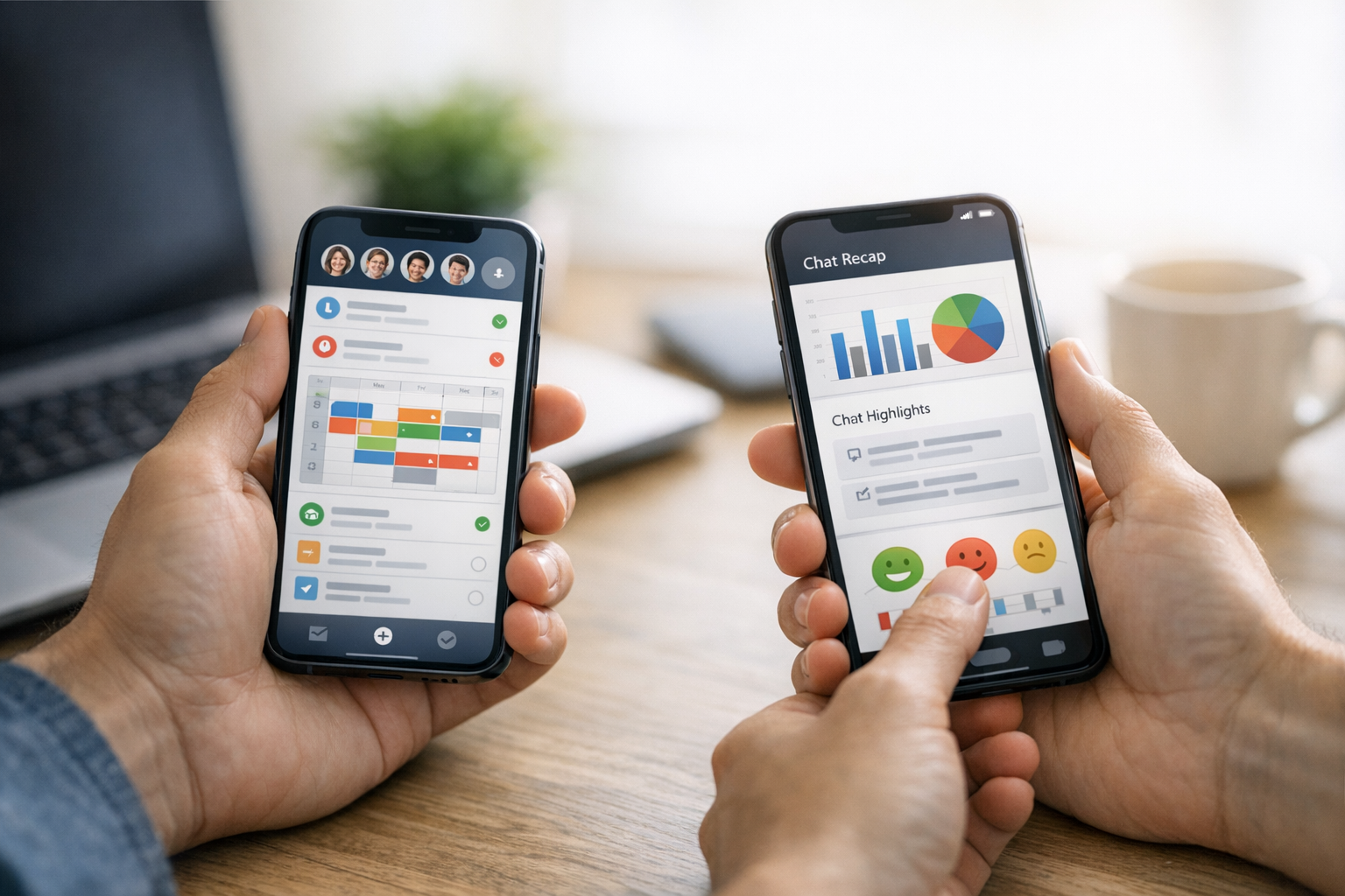 स्मार्टफोन इस्तेमाल करते हाथों का यथार्थपरक क्लोज़-अप, साफ ऐप इंटरफेस मॉकअप्स के...