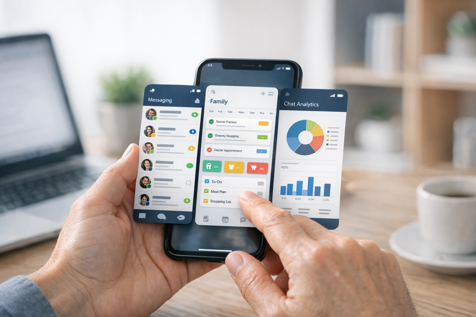 Primo piano realistico di mani che usano uno smartphone con mockup puliti di int...