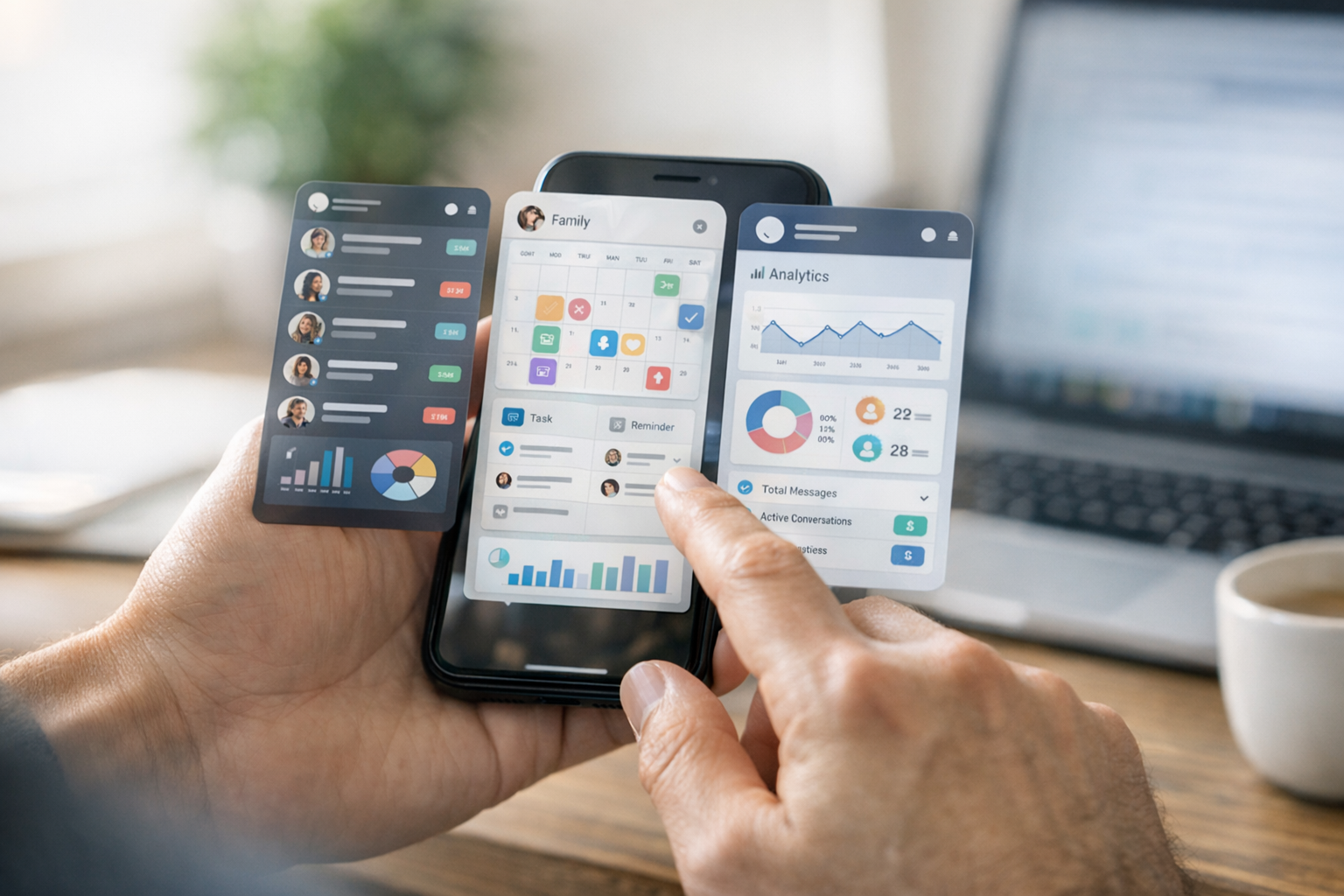 Realistyczne zbliżenie dłoni korzystających ze smartfona z przejrzystymi makieta...