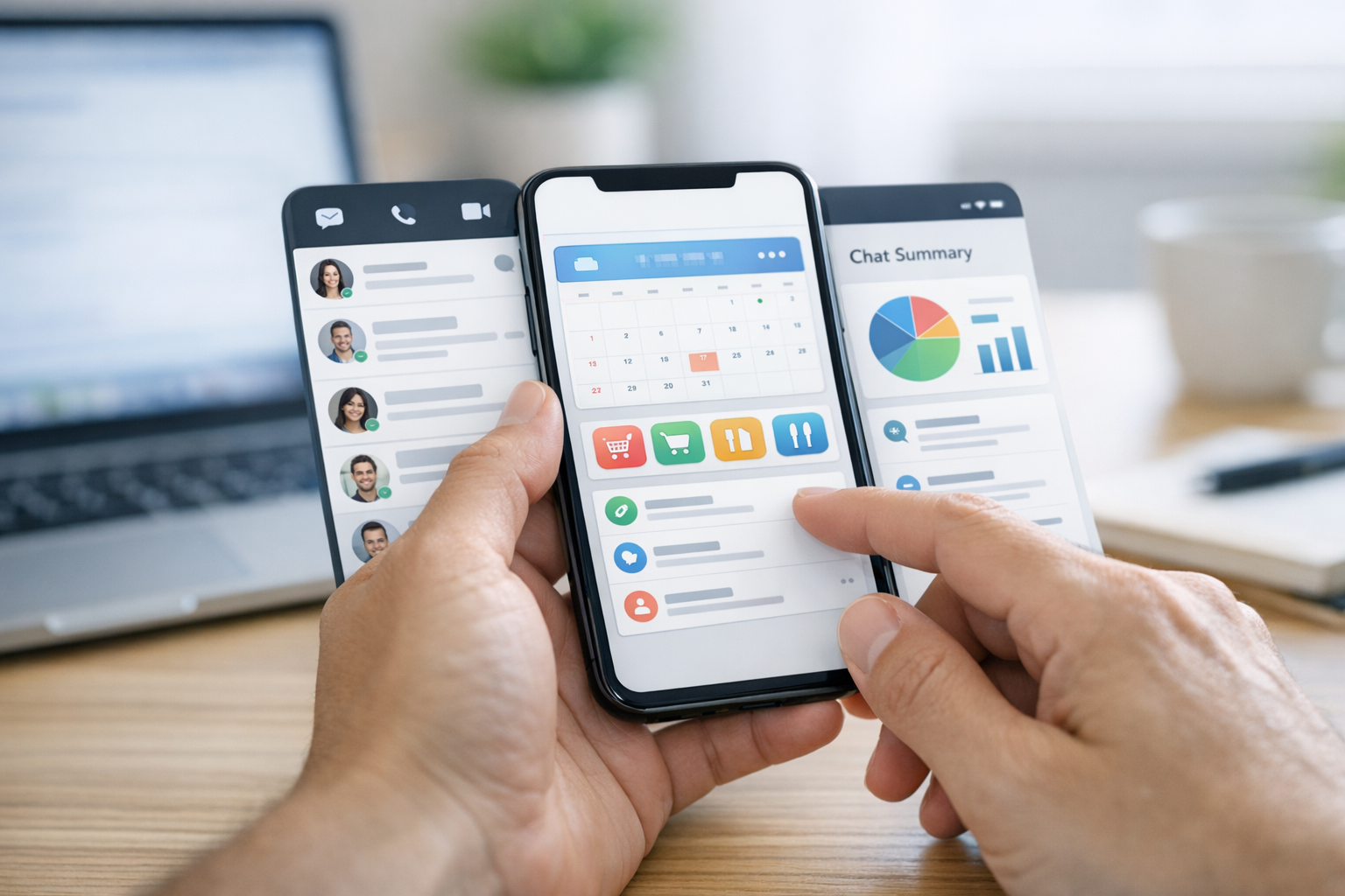 Primer plano realista de manos usando un smartphone con maquetas limpias de inte...