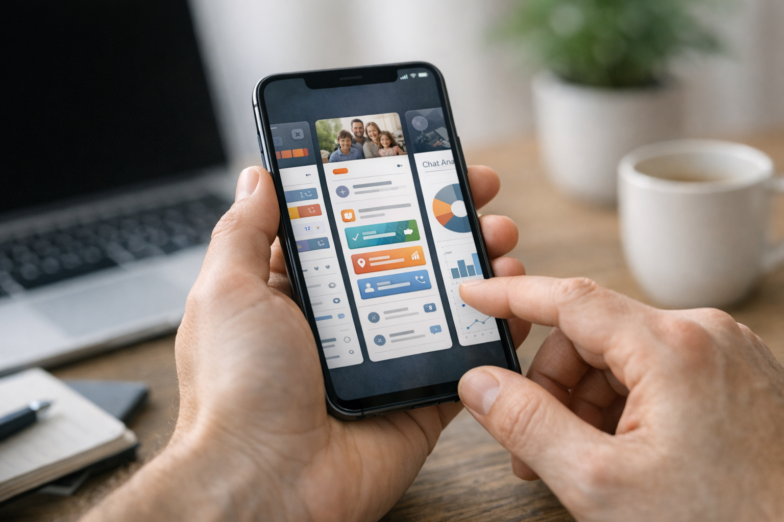 Realistische close-up van handen die een smartphone gebruiken met strakke app-in...