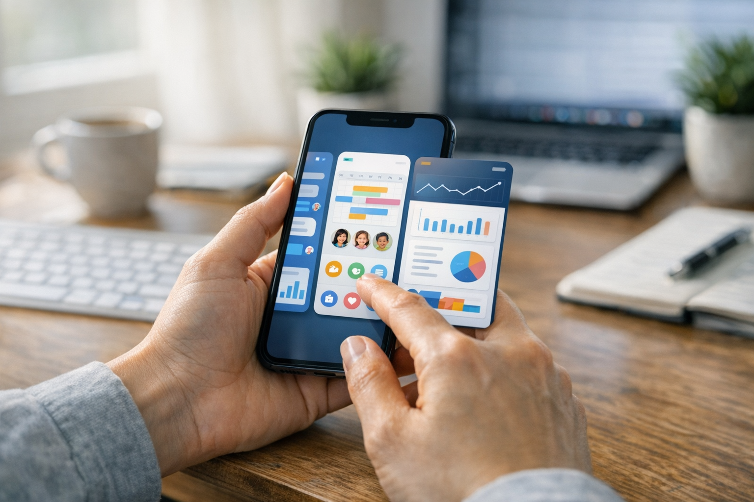 Realistisk närbild av händer som använder en smartphone med rena appgränssnitt s...