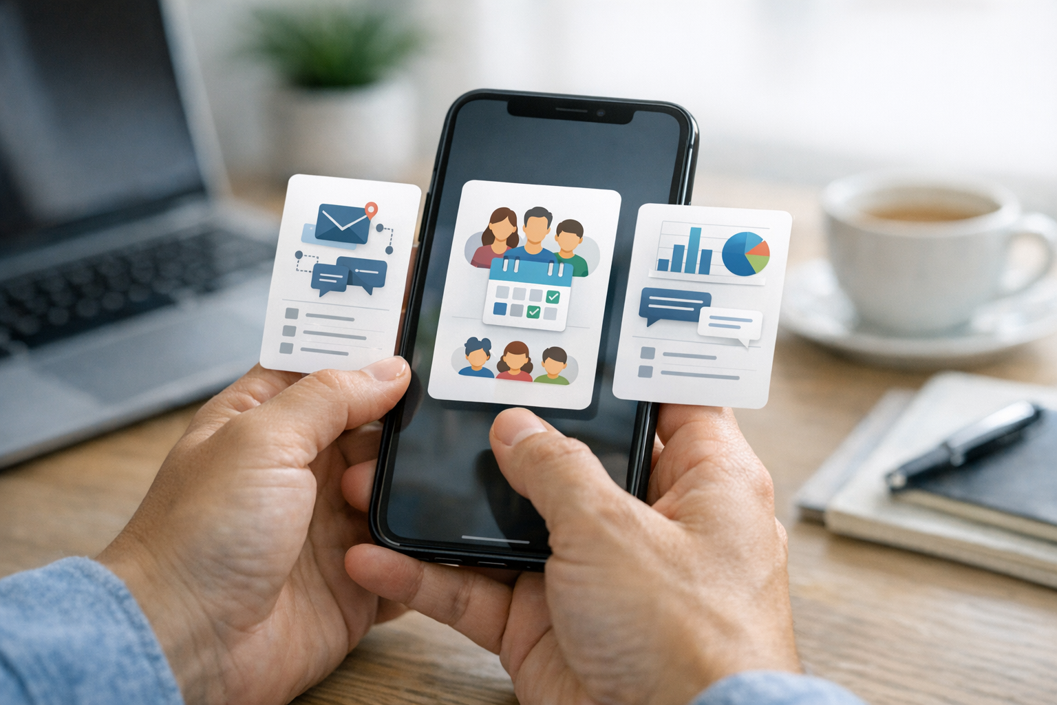 תקריב ריאליסטי של ידיים המשתמשות בסמארטפון עם הדמיות ממשק נקיות המייצגות ניהול ת...