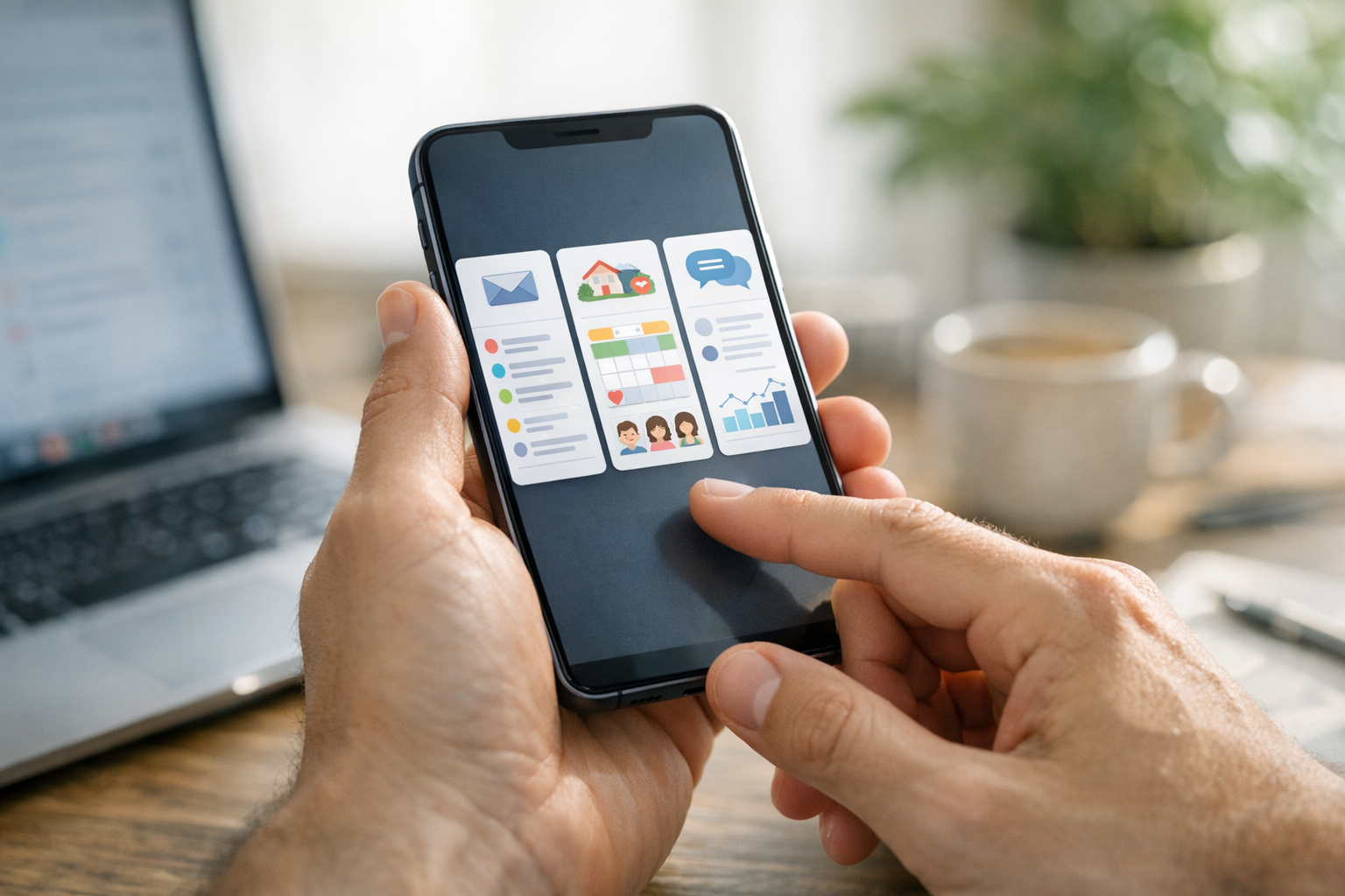 Realistisk nærbillede af hænder, der bruger en smartphone med rene app-interface...