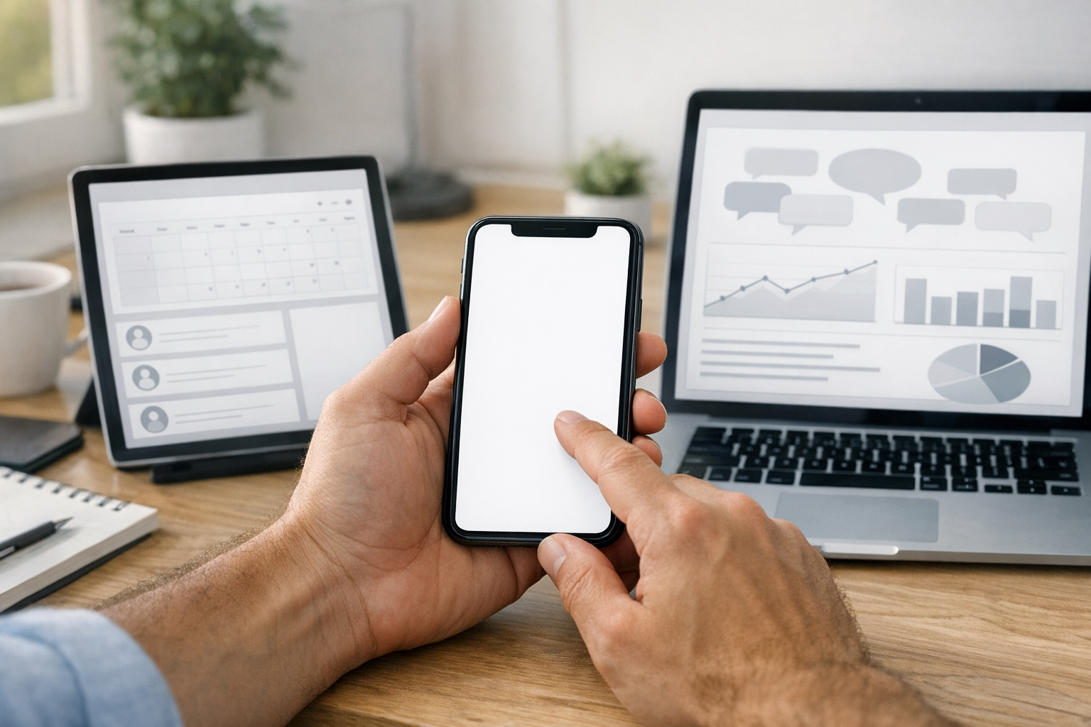 Реалистичный крупный план рук со смартфоном и чистыми макетами интерфейсов прило...