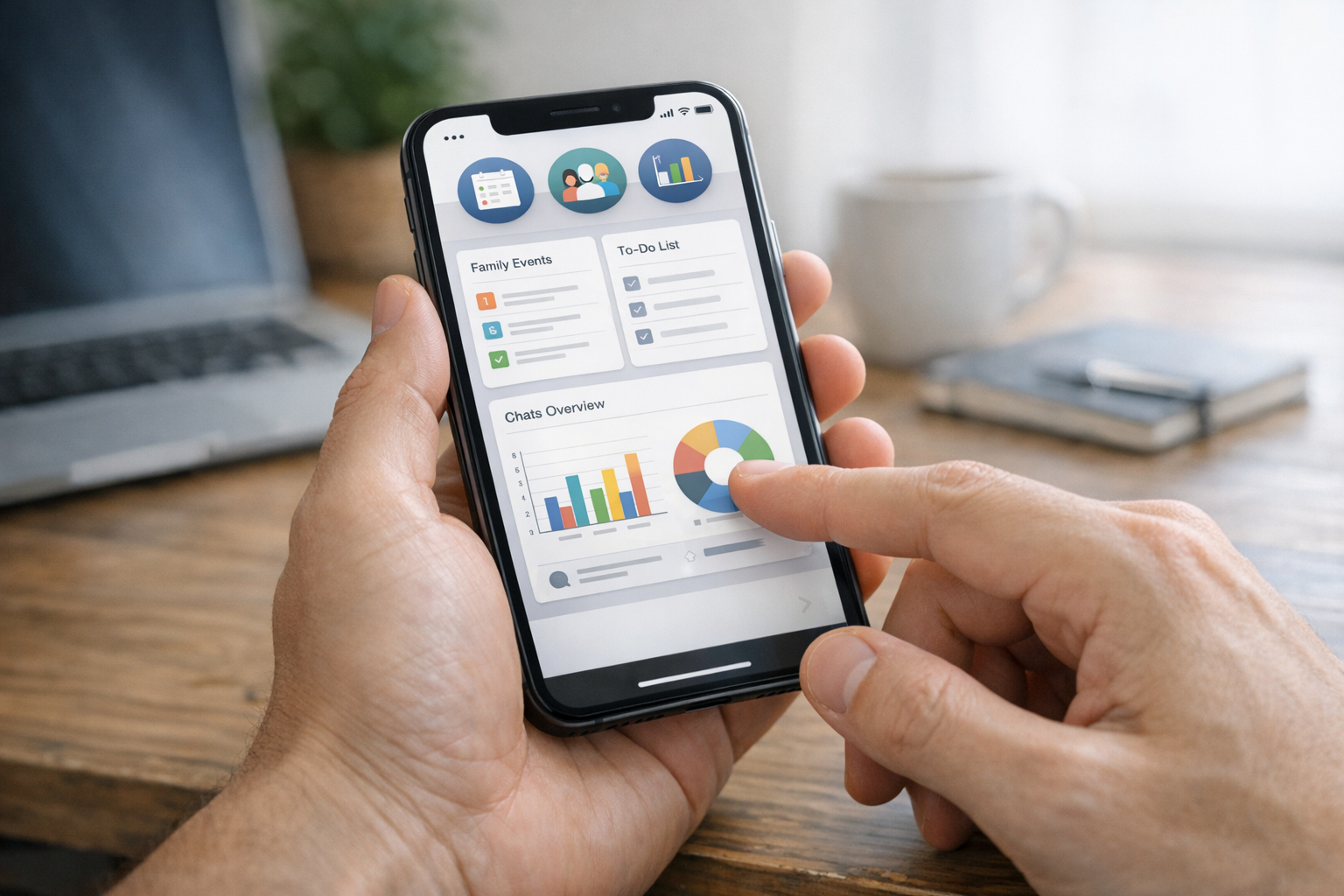 Close-up realistis tangan yang menggunakan smartphone dengan mockup antarmuka ap...