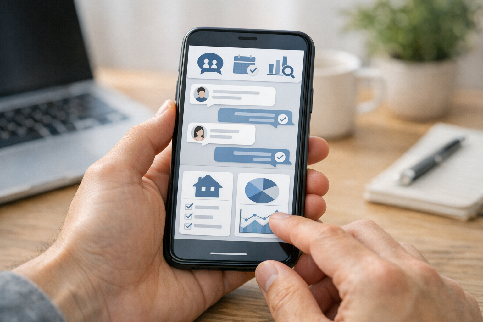 真实近景拍摄，双手使用智能手机，屏幕展示简洁的应用界面原型，体现沟通管理、家庭协作与聊天回顾分析，现代居家办公环境，柔和日光，自然构图，无文字叠加或水印